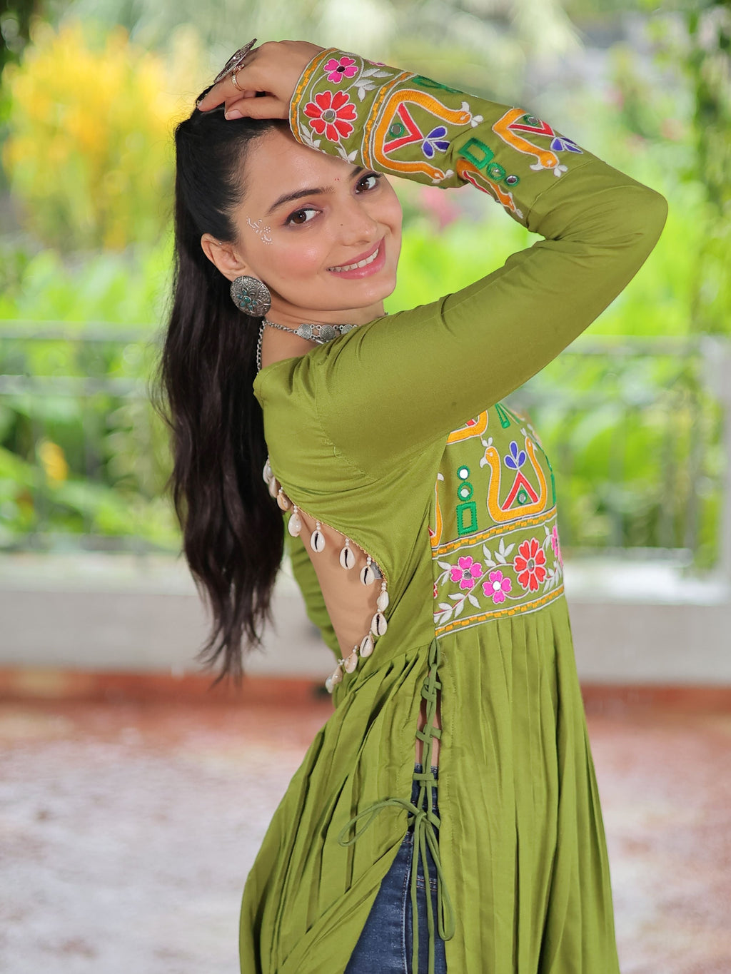 Green pure rayon nayra cut kurti with kutchi gamthi work