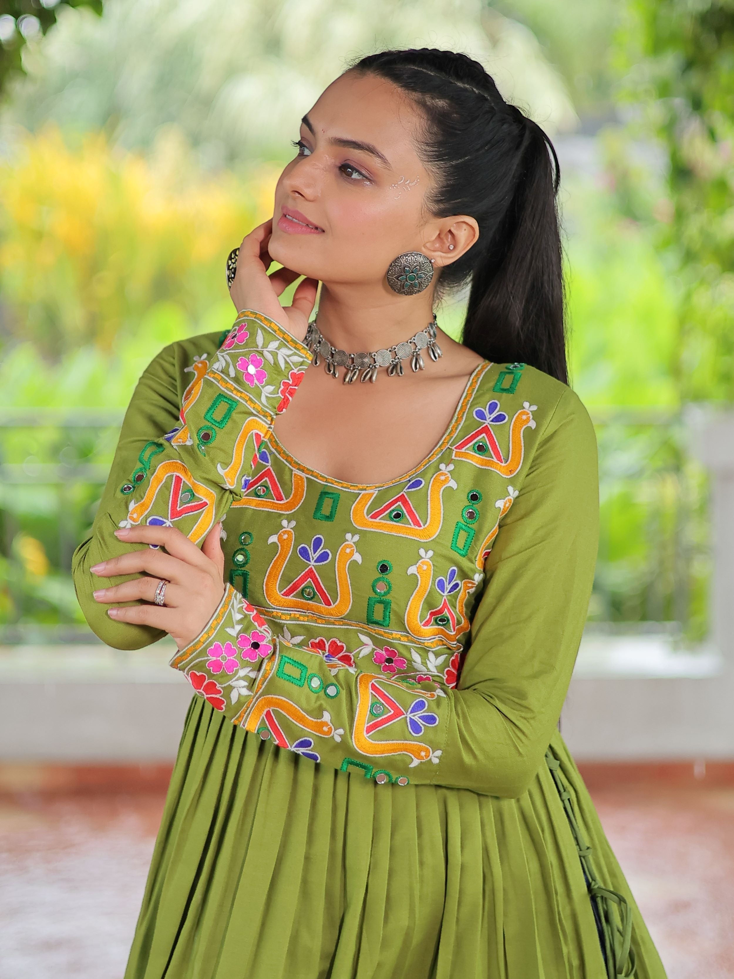 Green pure rayon nayra cut kurti with kutchi gamthi work