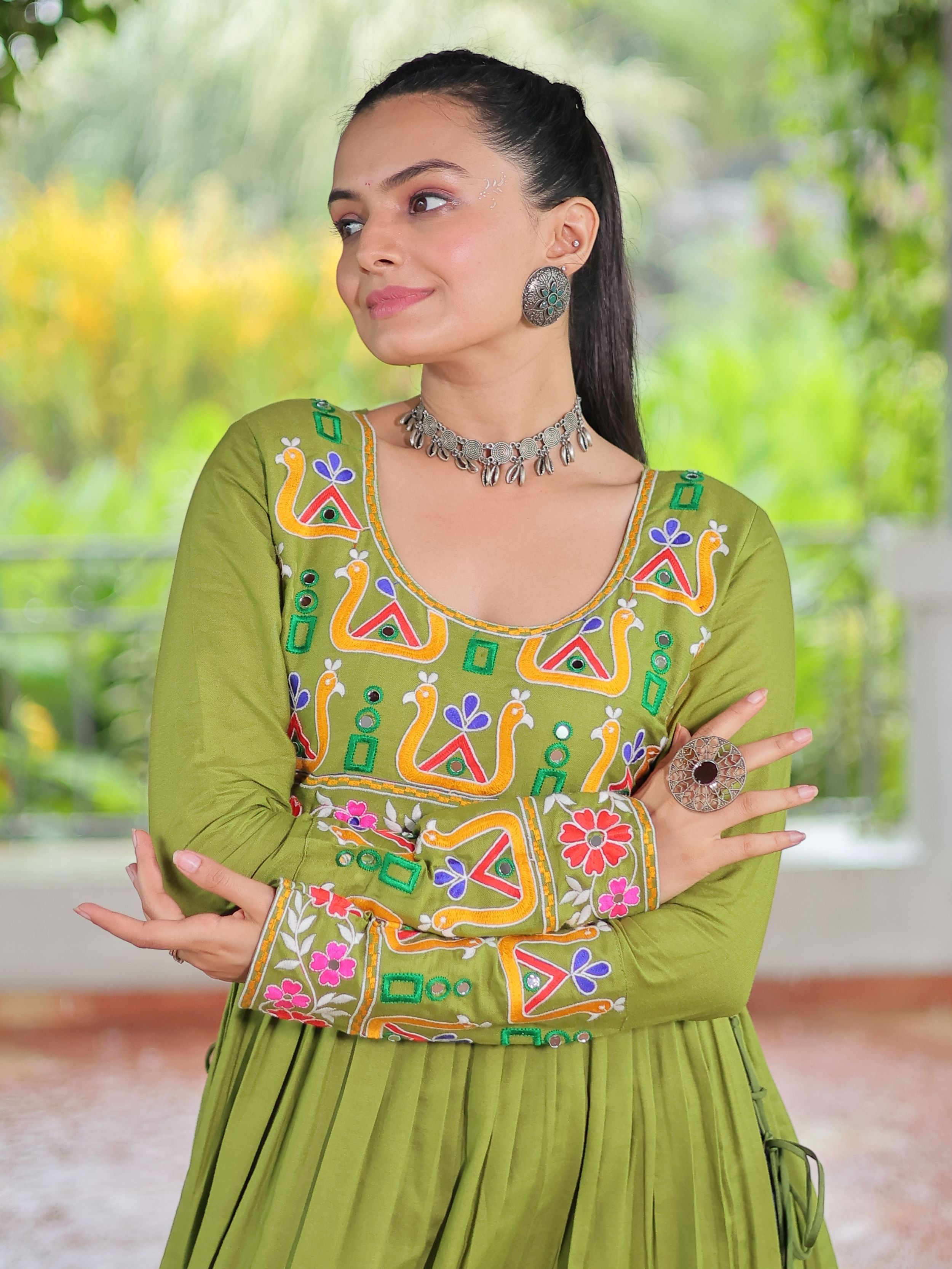 Green pure rayon nayra cut kurti with kutchi gamthi work