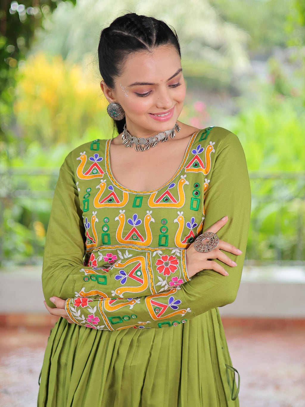 Green pure rayon nayra cut kurti with kutchi gamthi work