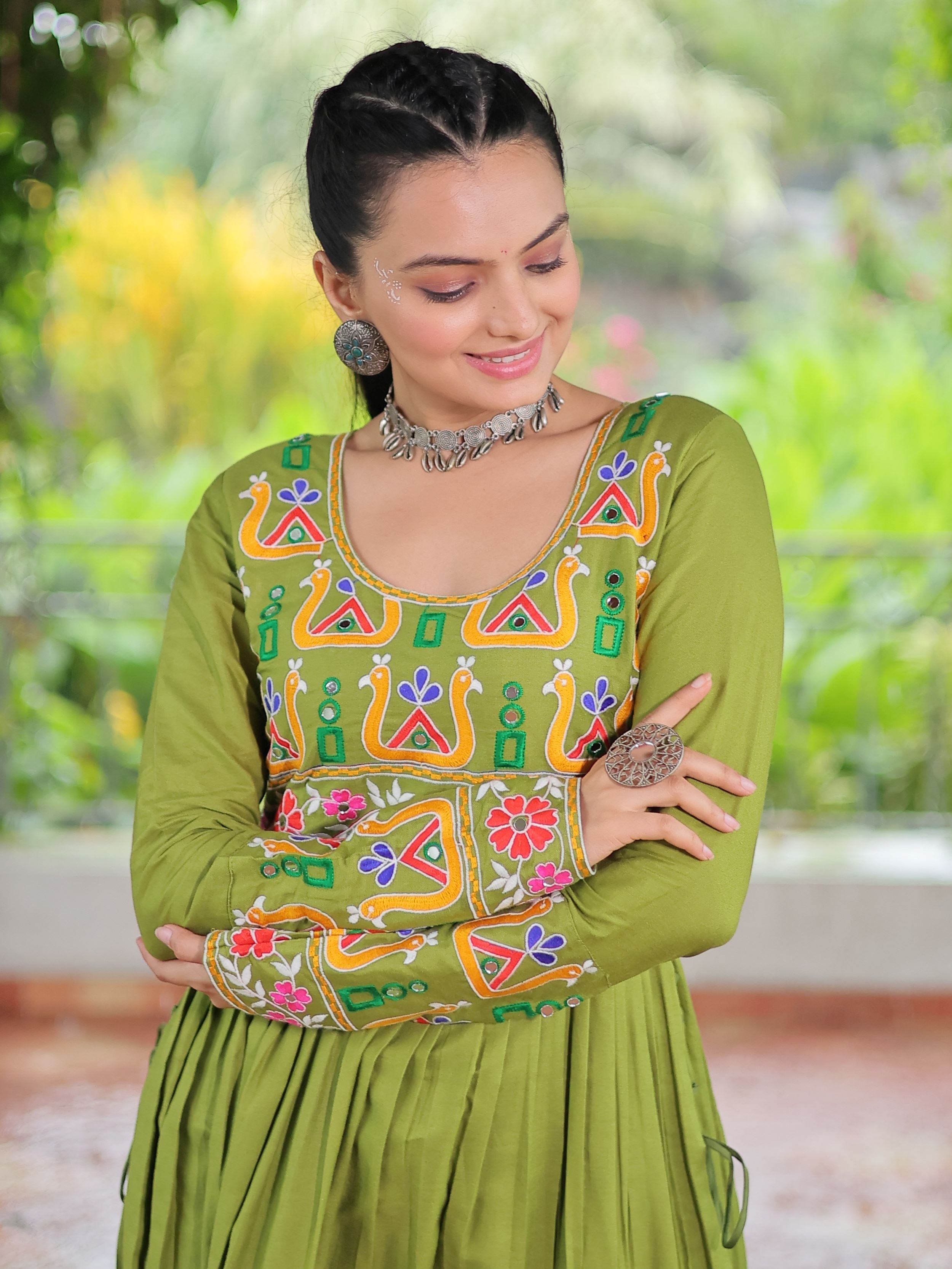 Green pure rayon nayra cut kurti with kutchi gamthi work