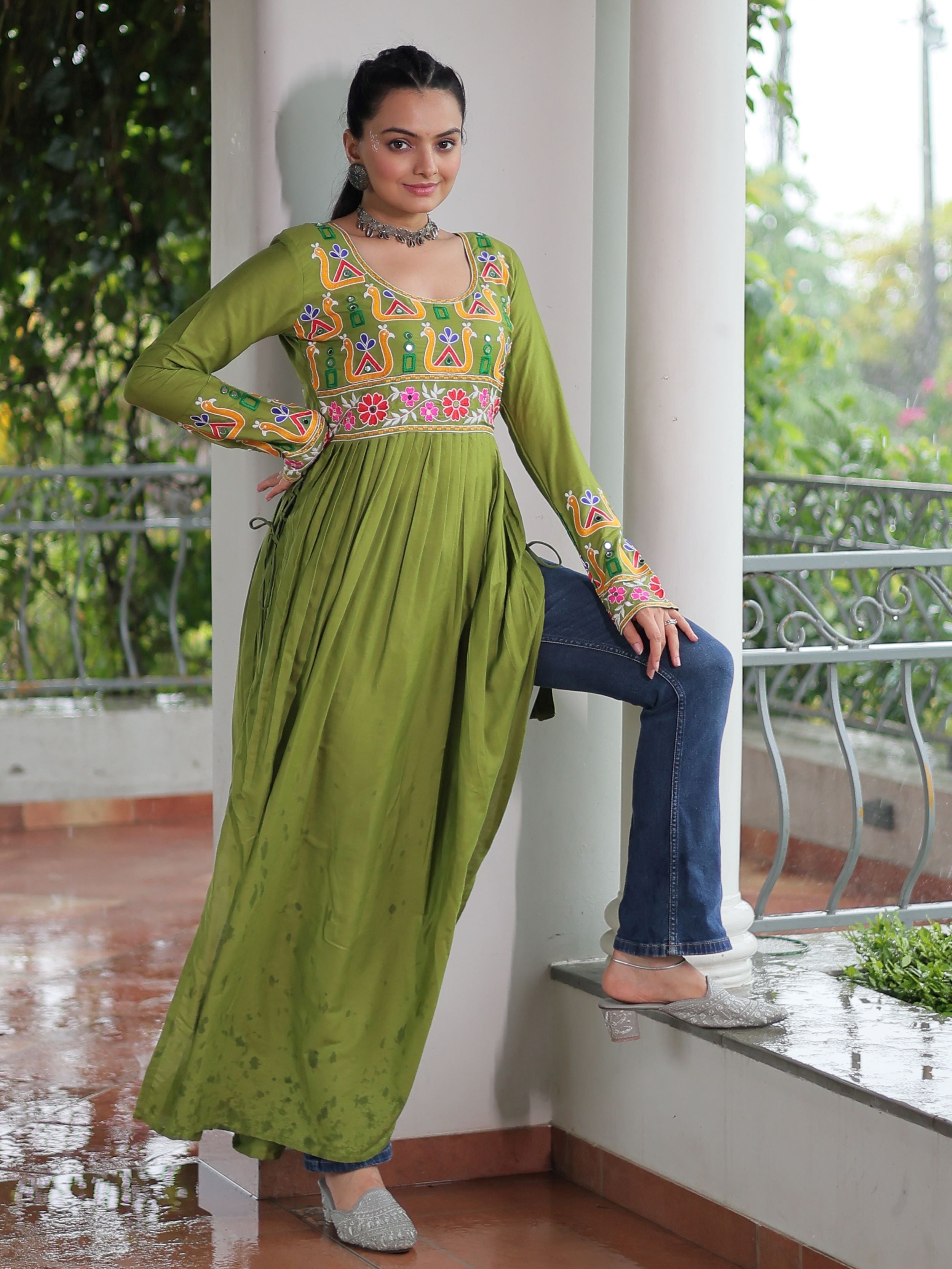 Green pure rayon nayra cut kurti with kutchi gamthi work
