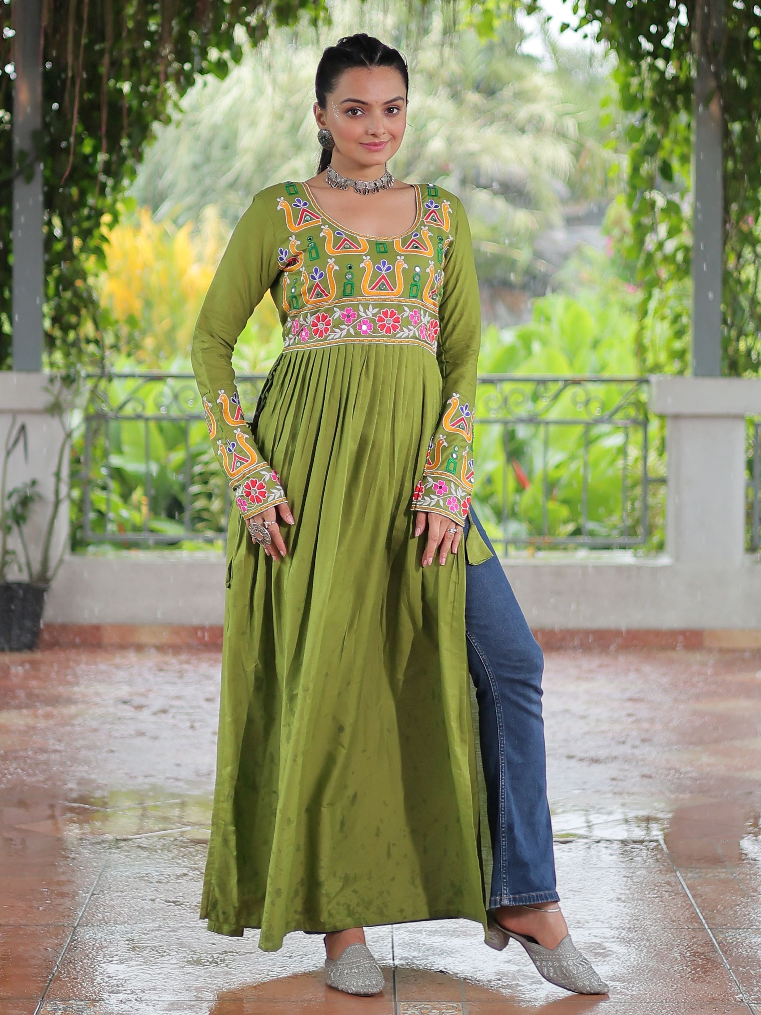 Green pure rayon nayra cut kurti with kutchi gamthi work