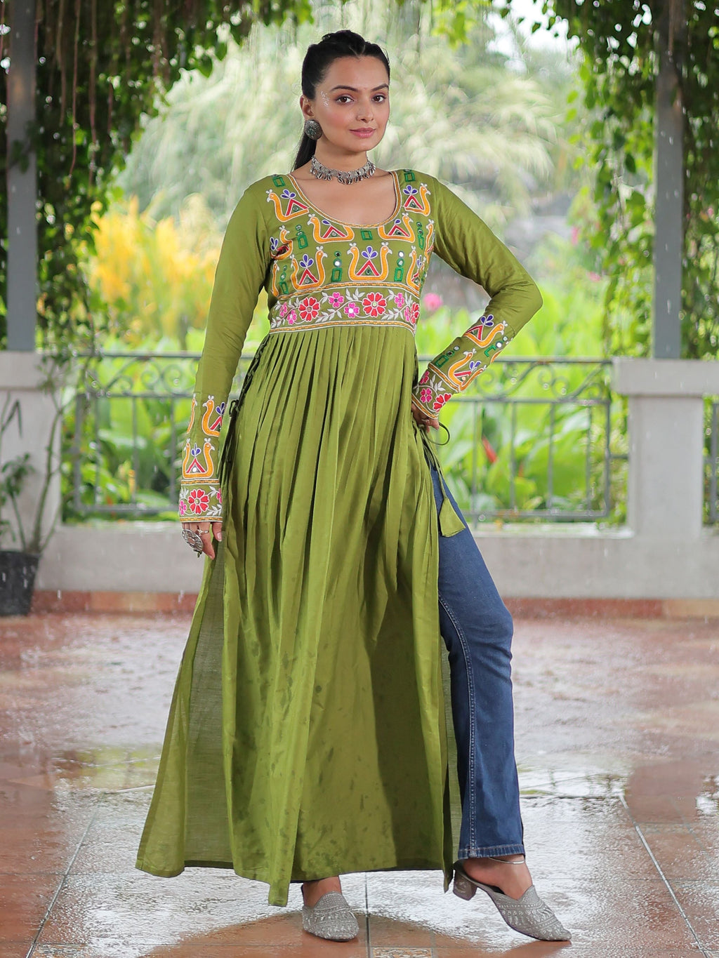 Green pure rayon nayra cut kurti with kutchi gamthi work
