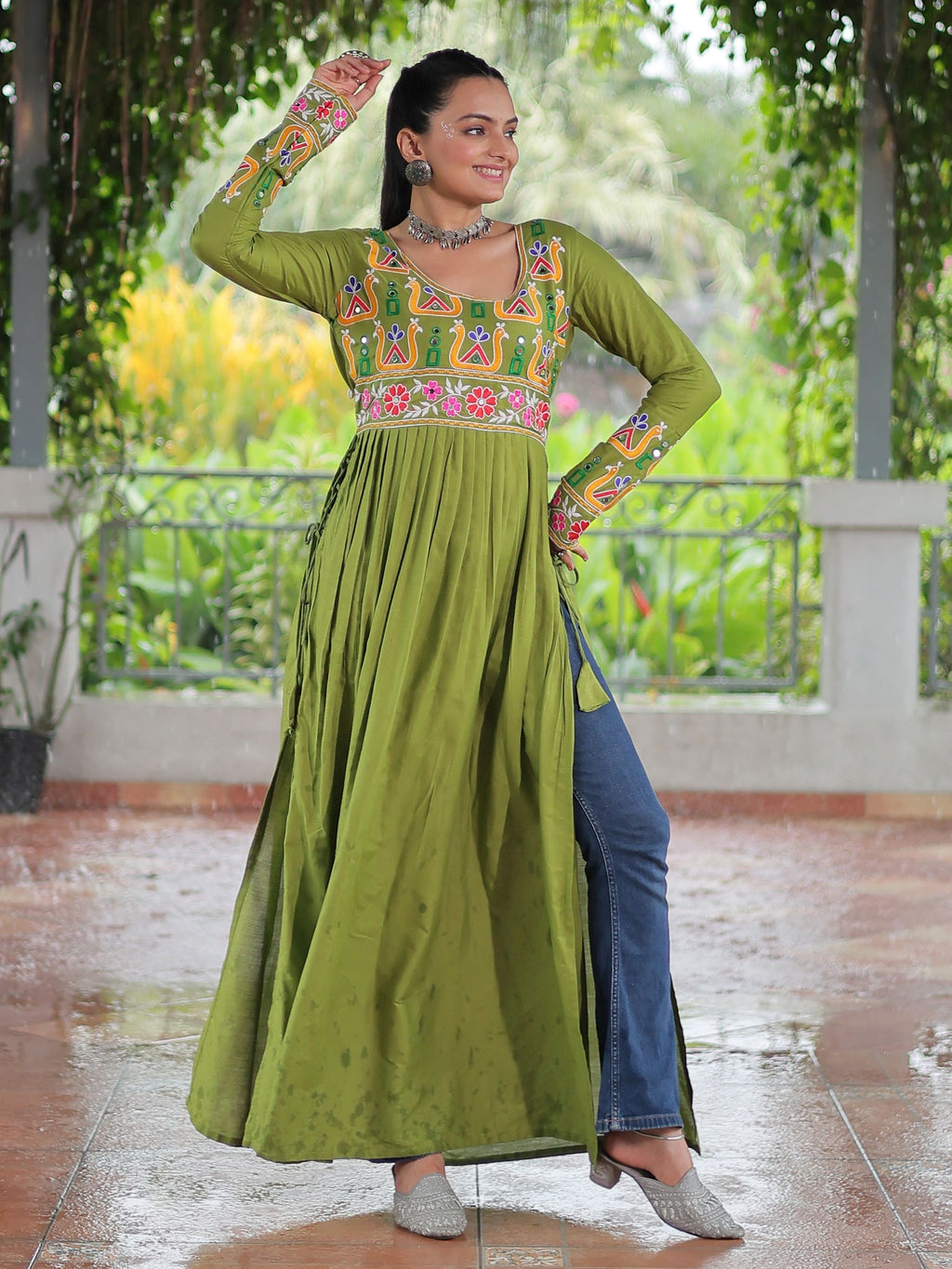 Green pure rayon nayra cut kurti with kutchi gamthi work