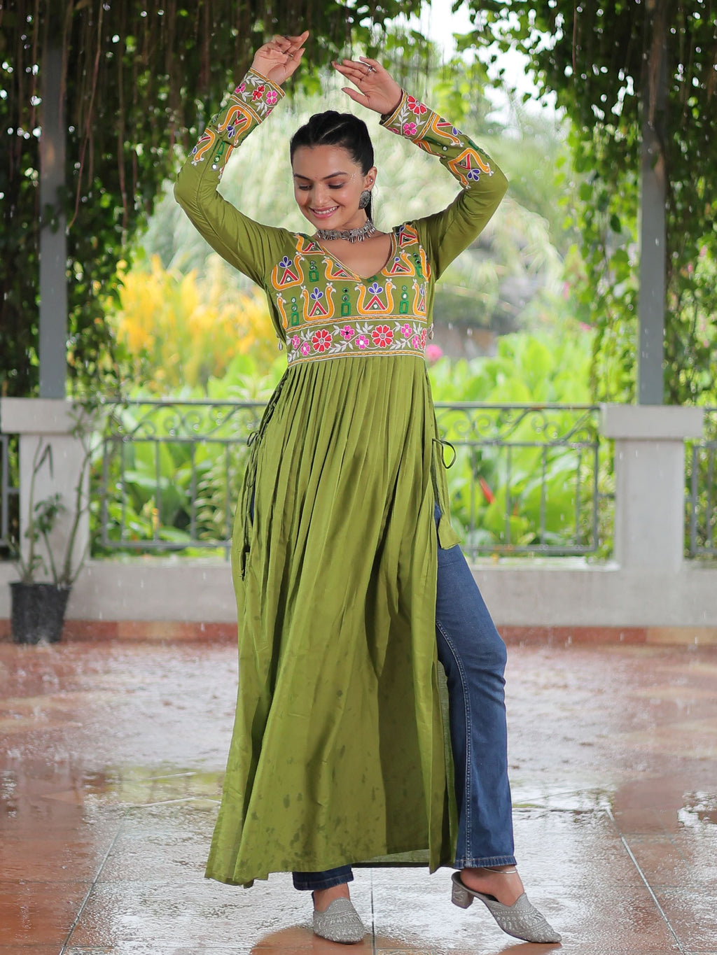 Green pure rayon nayra cut kurti with kutchi gamthi work