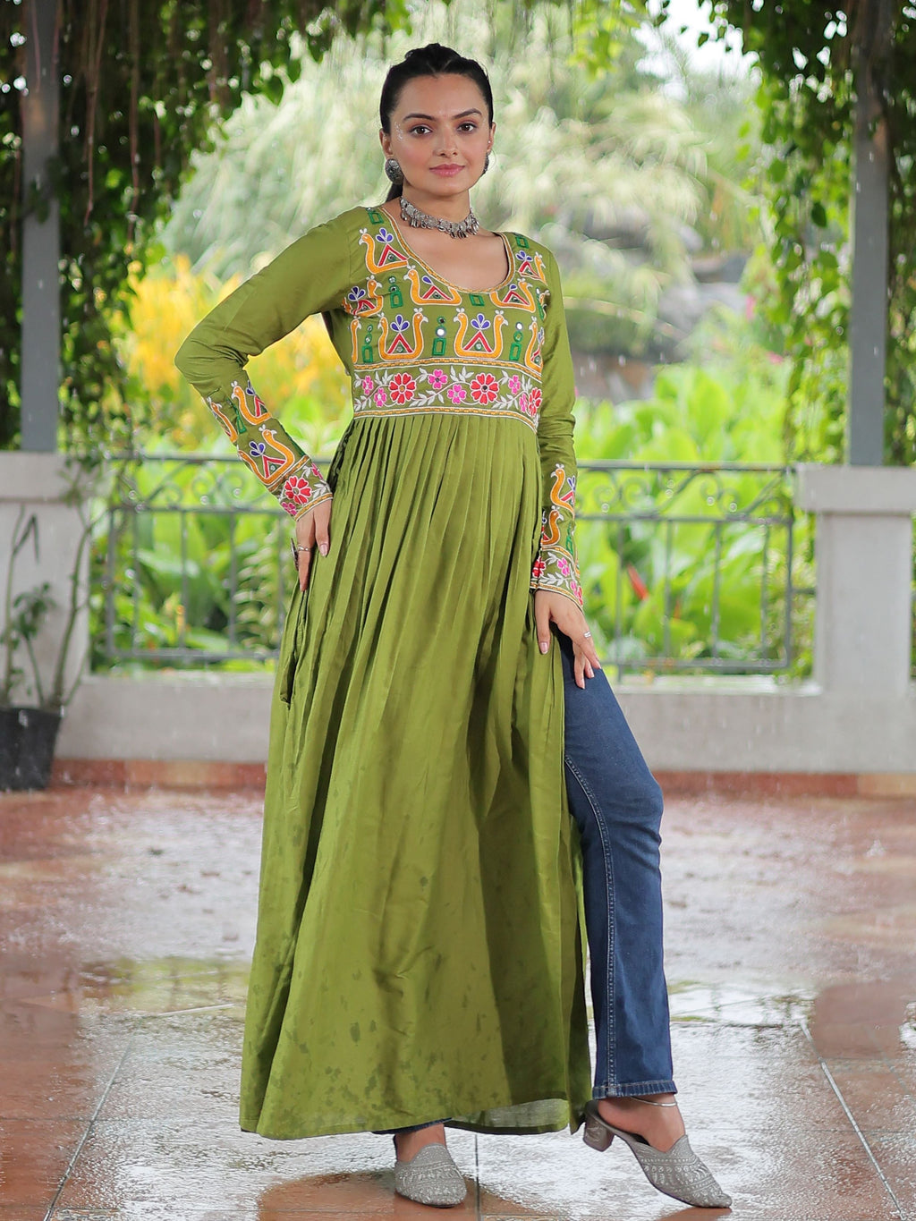 Green pure rayon nayra cut kurti with kutchi gamthi work
