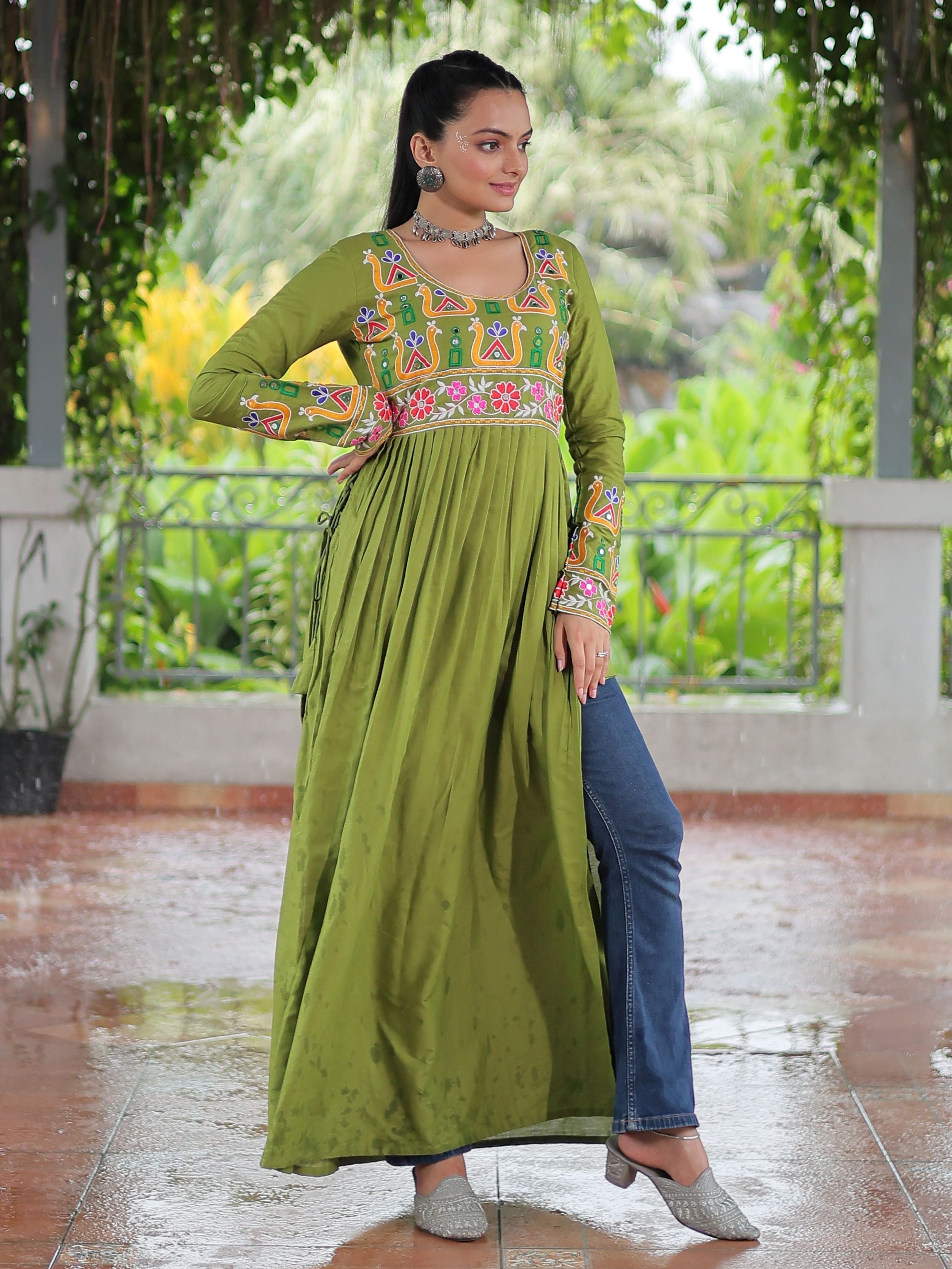 Green pure rayon nayra cut kurti with kutchi gamthi work