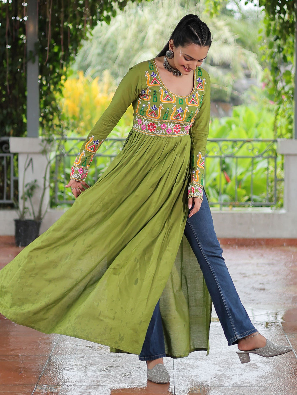 Green pure rayon nayra cut kurti with kutchi gamthi work