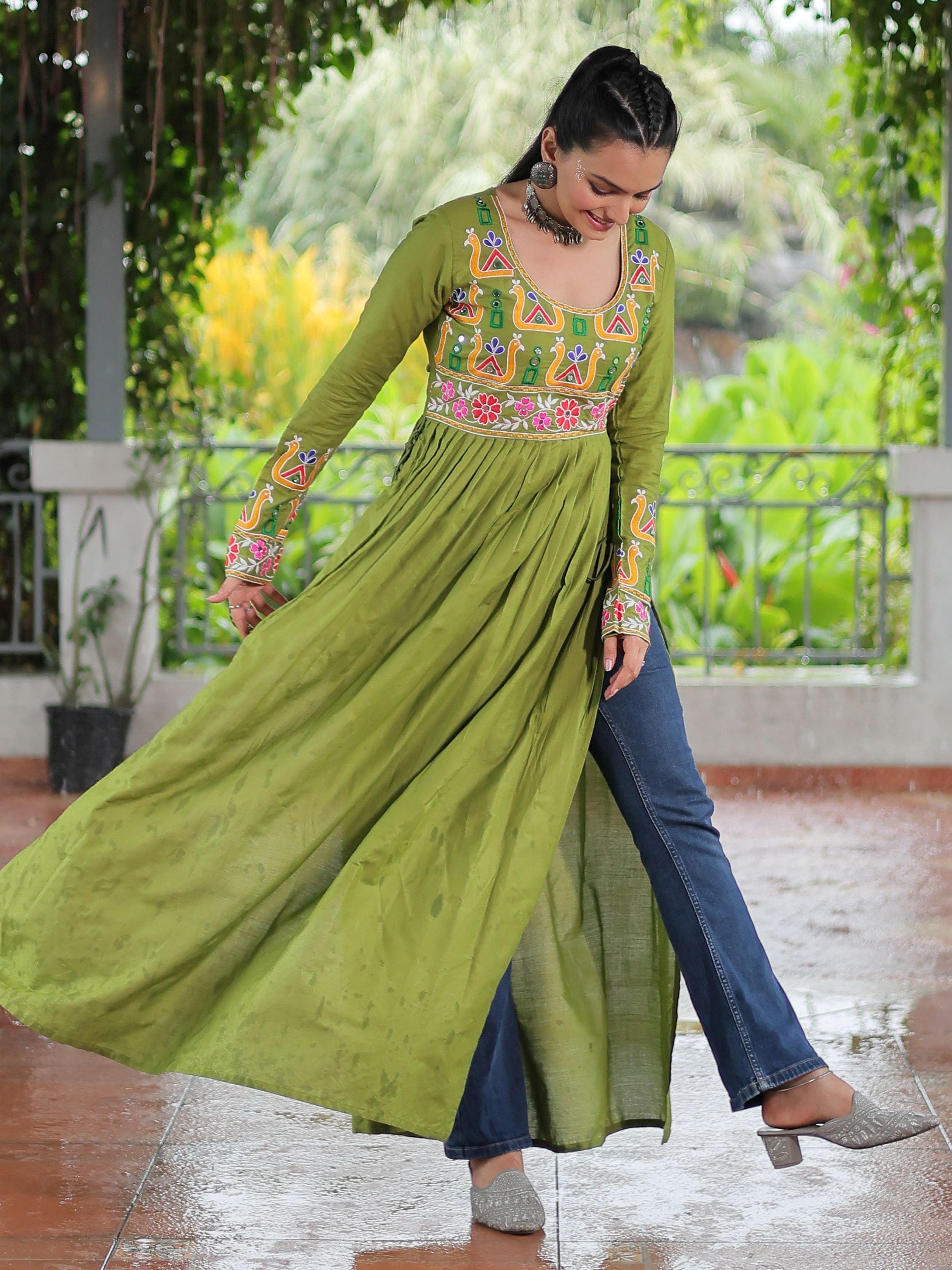 Green pure rayon nayra cut kurti with kutchi gamthi work