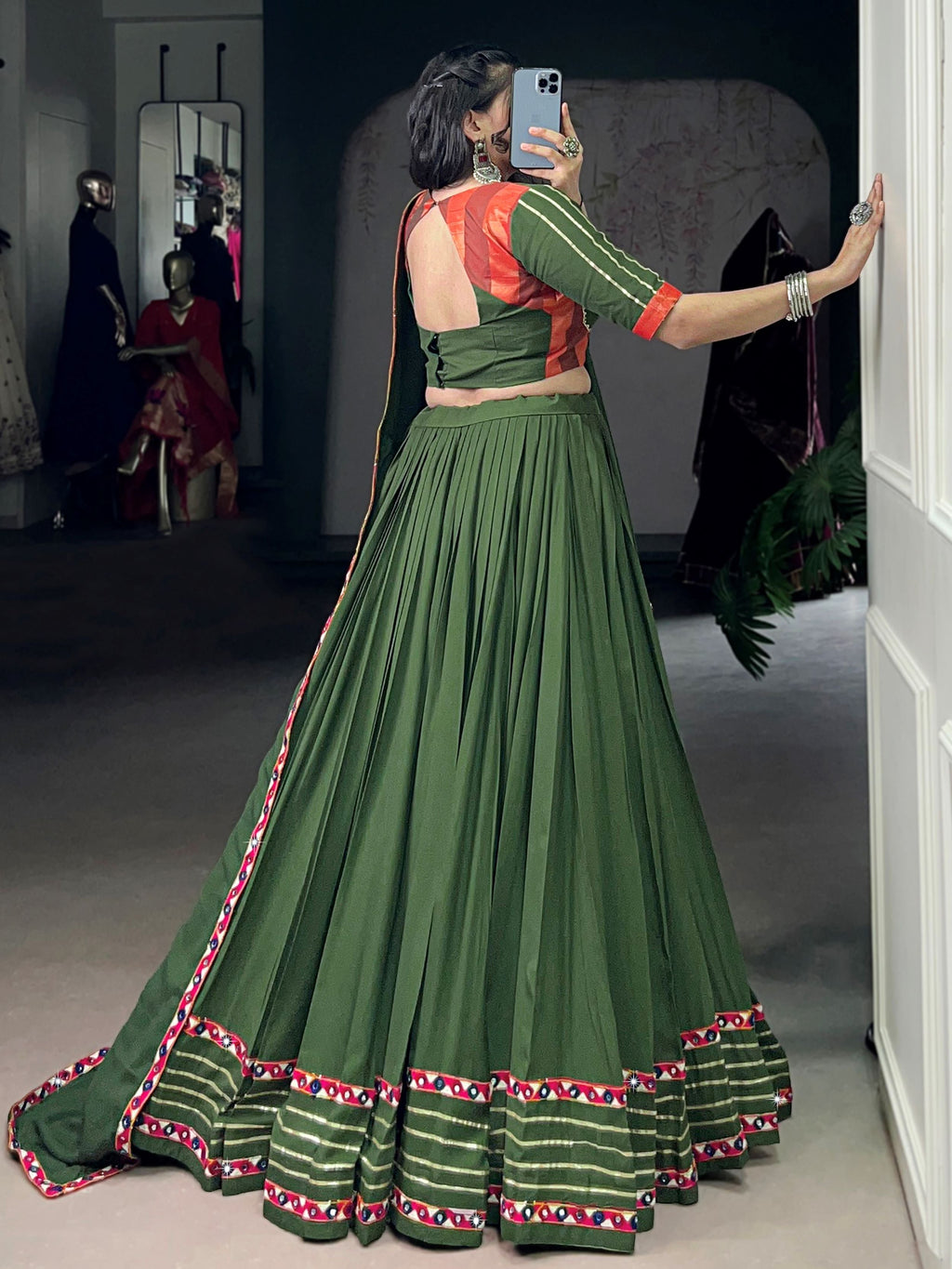 Green pure rayon lehenga choli with mirror gamthi and gotta patti work