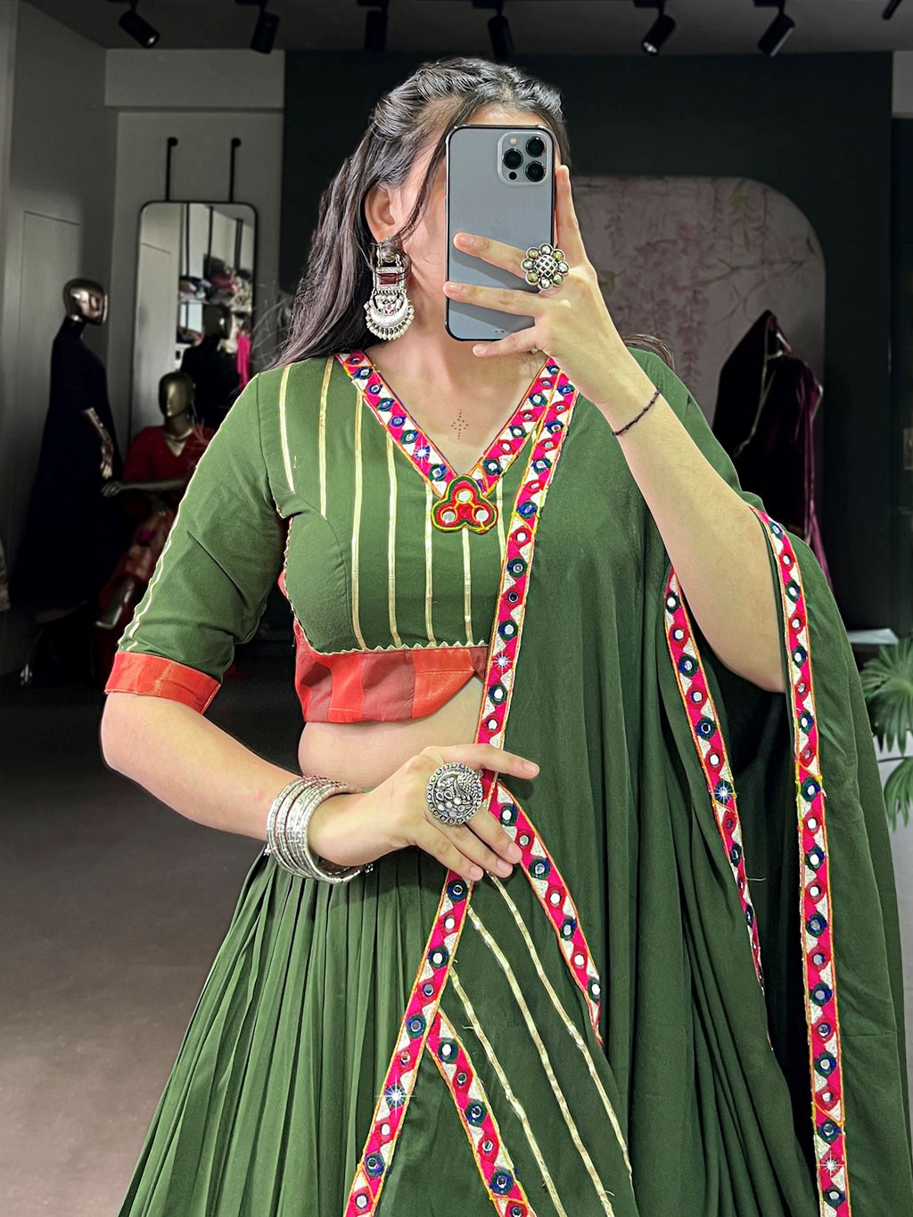 Green pure rayon lehenga choli with mirror gamthi and gotta patti work