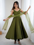 Green Roman silk Chanderi mirror lace Anarkali suit with dupatta