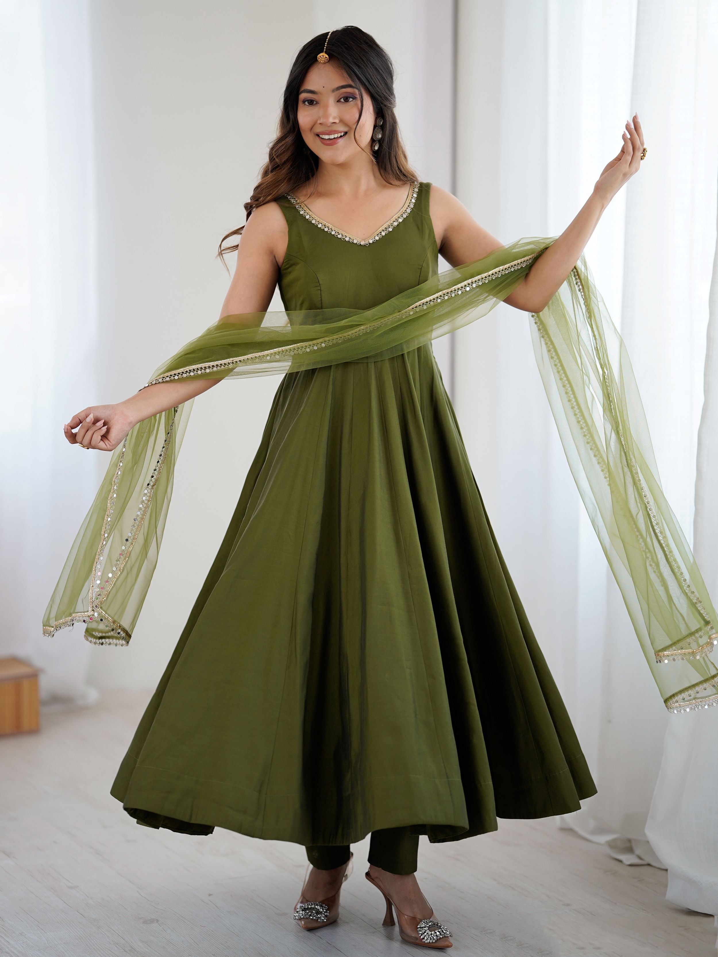 Green Roman silk Chanderi mirror lace Anarkali suit with dupatta