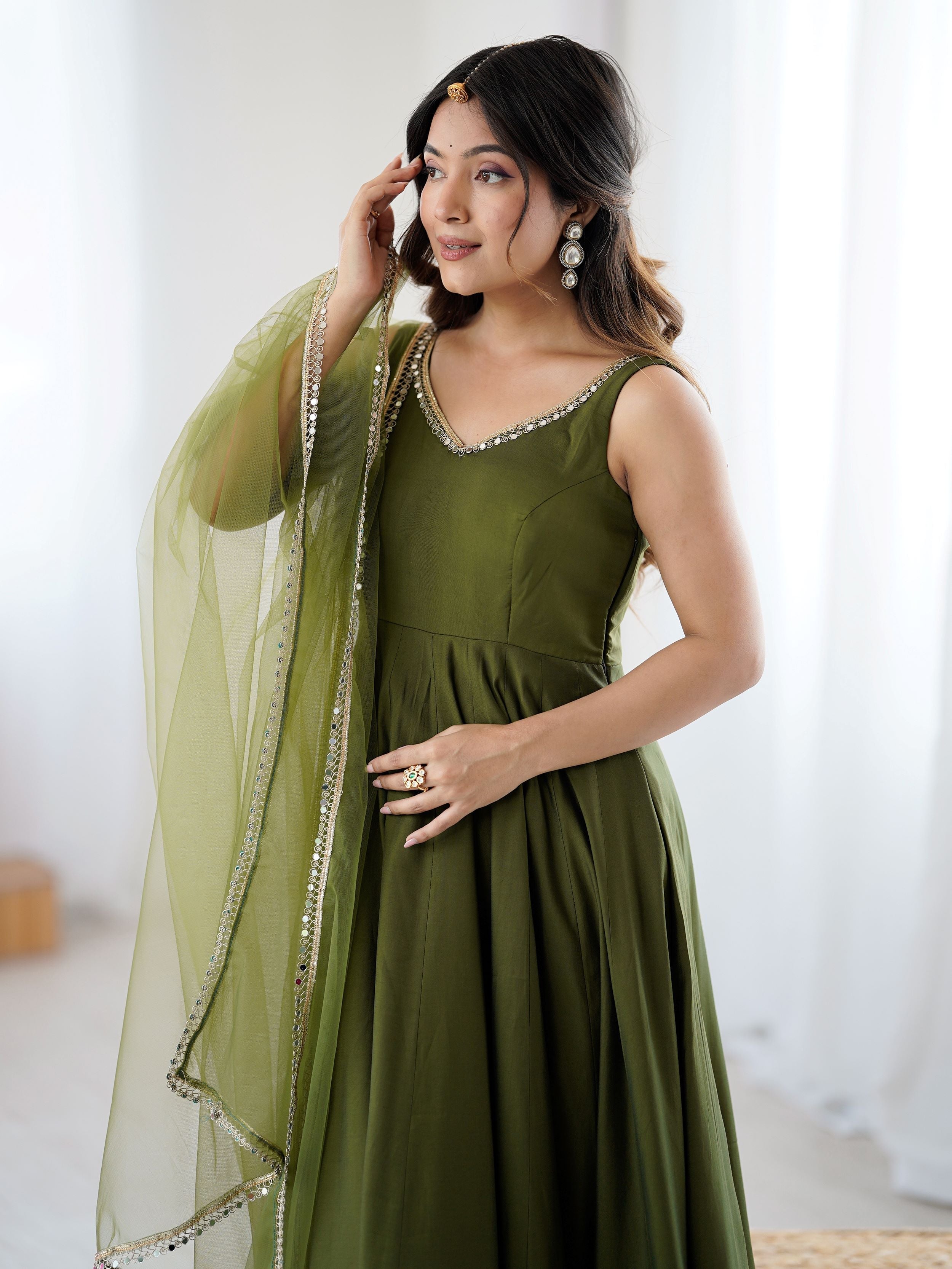Green Roman silk Chanderi mirror lace Anarkali suit with dupatta
