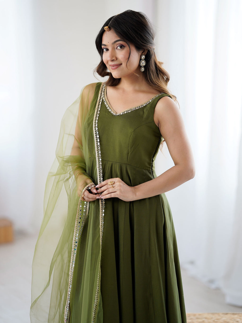 Green Roman silk Chanderi mirror lace Anarkali suit with dupatta
