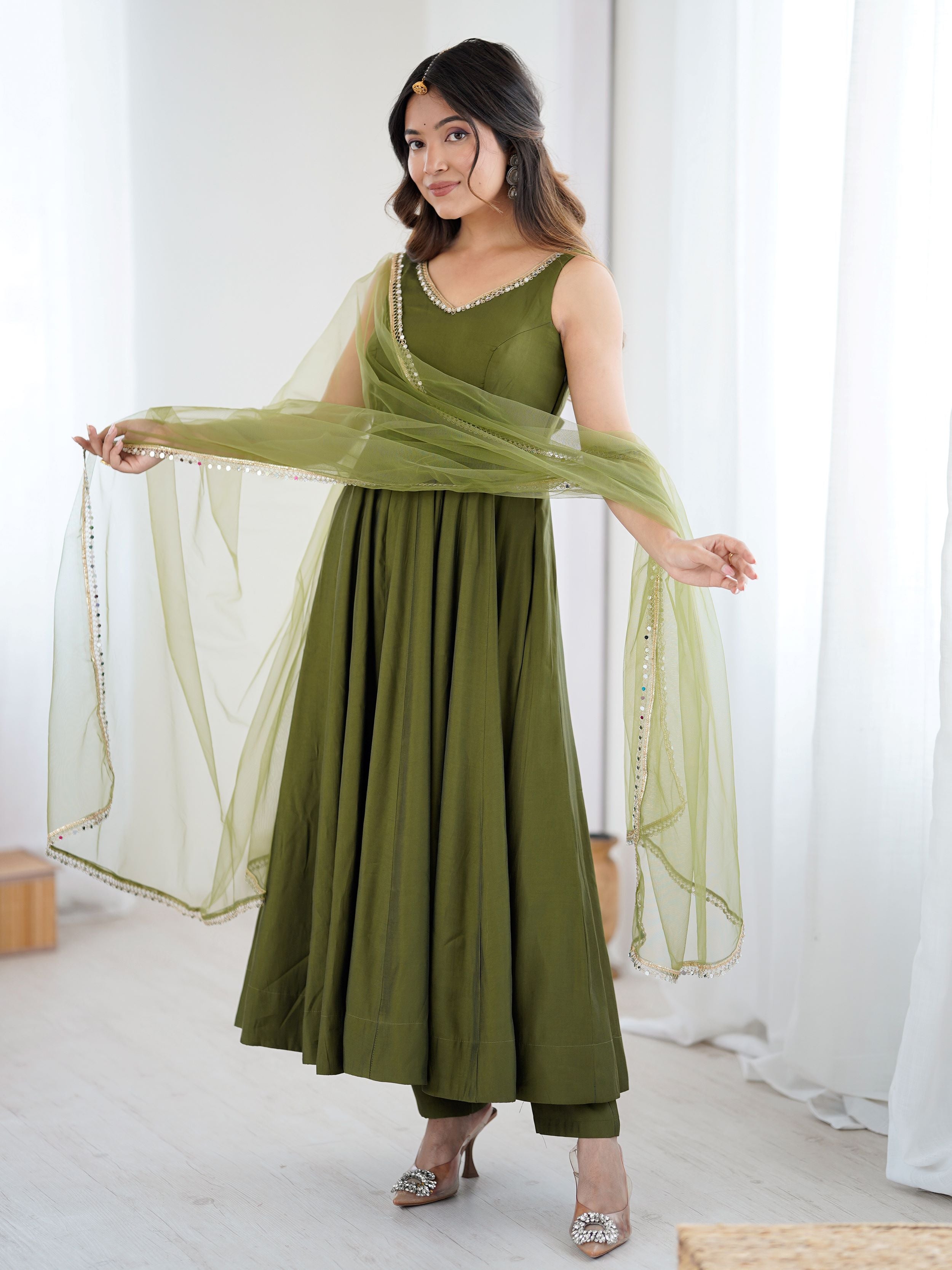 Green Roman silk Chanderi mirror lace Anarkali suit with dupatta