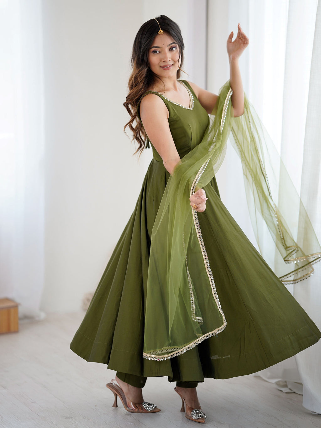 Green Roman silk Chanderi mirror lace Anarkali suit with dupatta