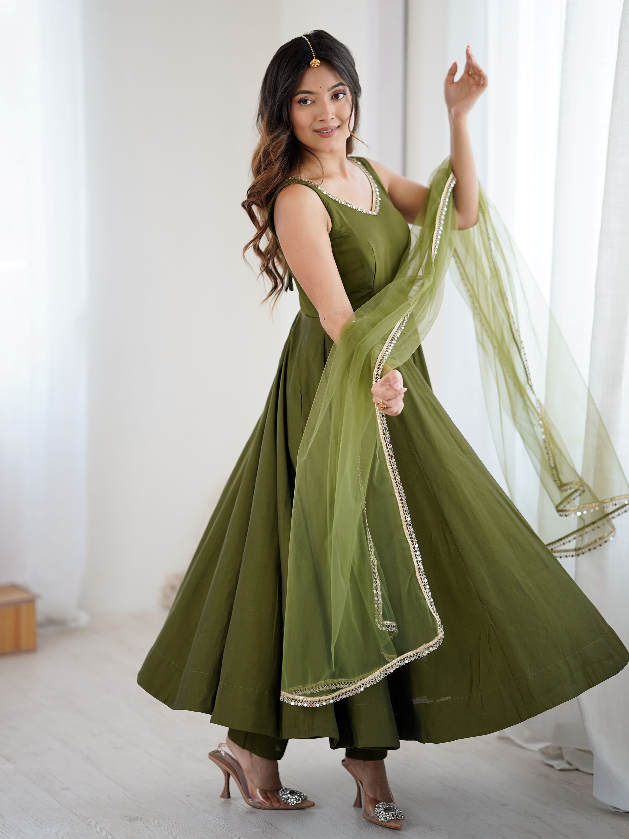 Green Roman silk Chanderi mirror lace Anarkali suit with dupatta