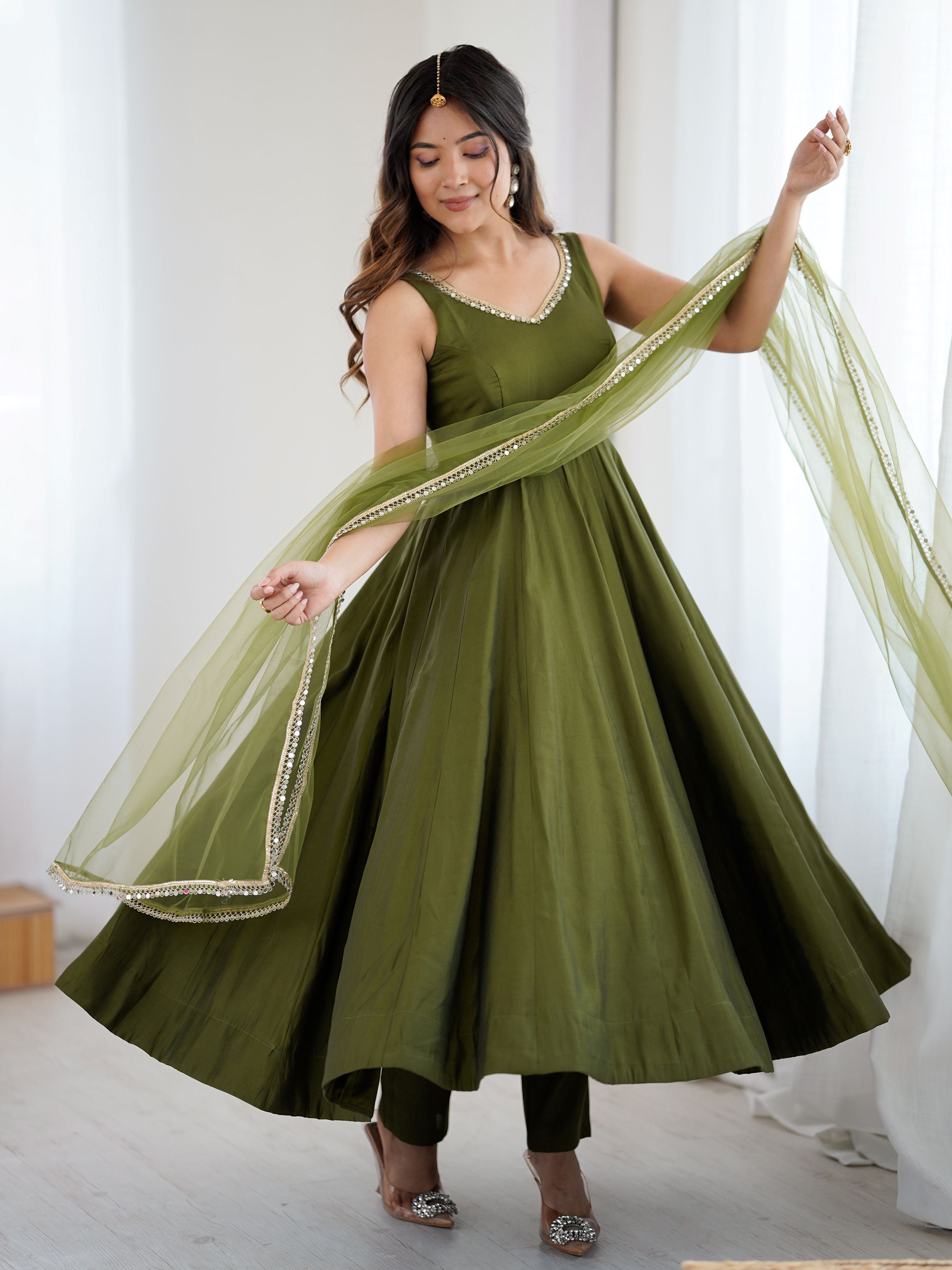 Green Roman silk Chanderi mirror lace Anarkali suit with dupatta