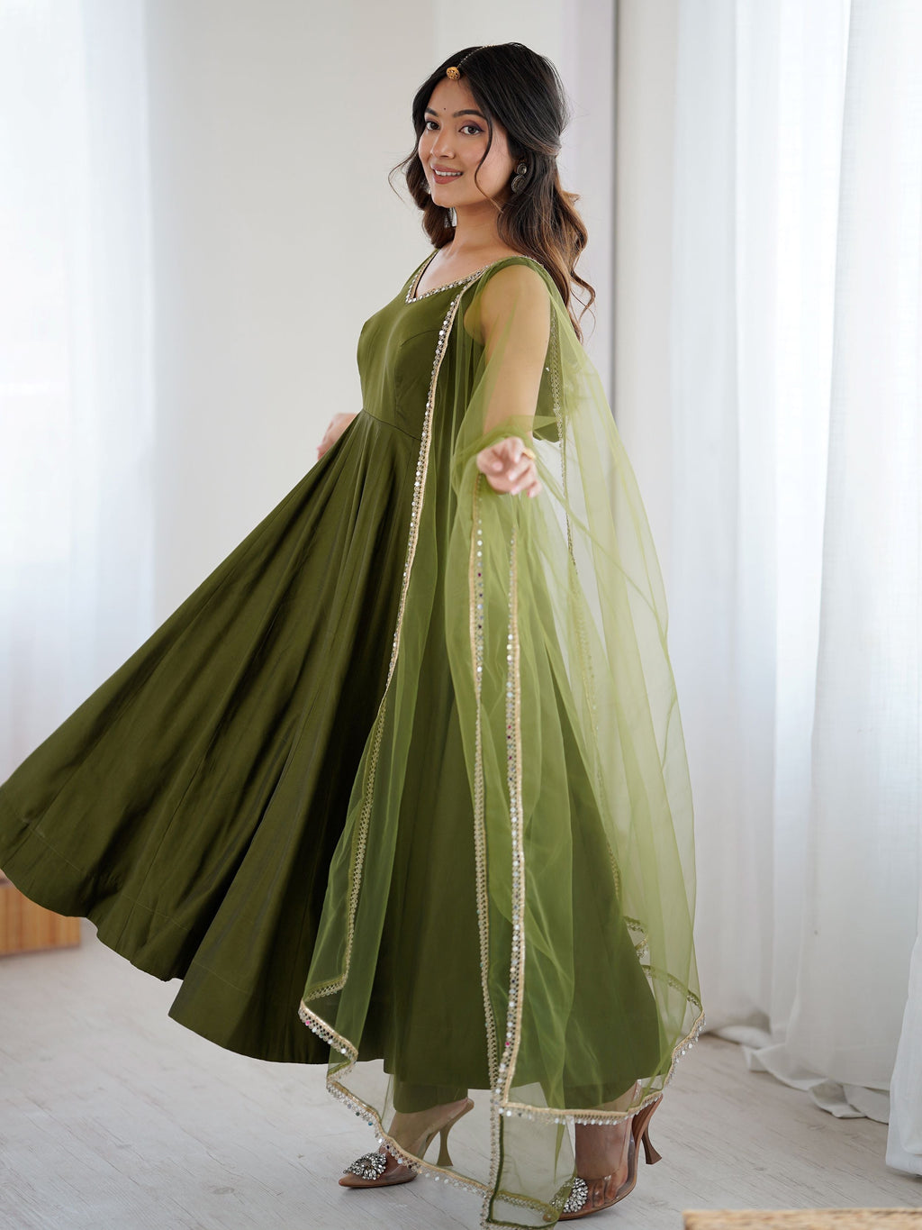 Green Roman silk Chanderi mirror lace Anarkali suit with dupatta