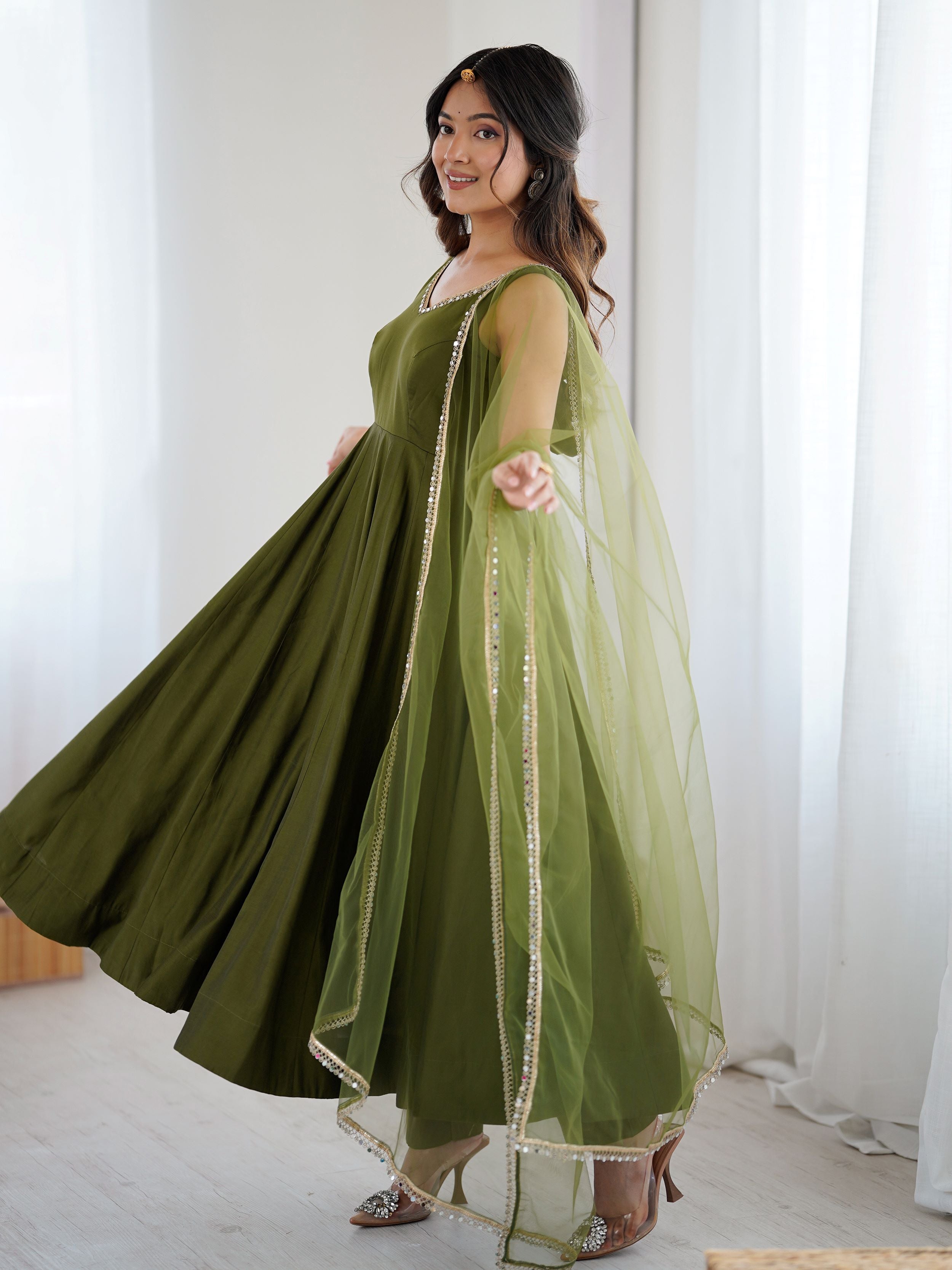 Green Roman silk Chanderi mirror lace Anarkali suit with dupatta