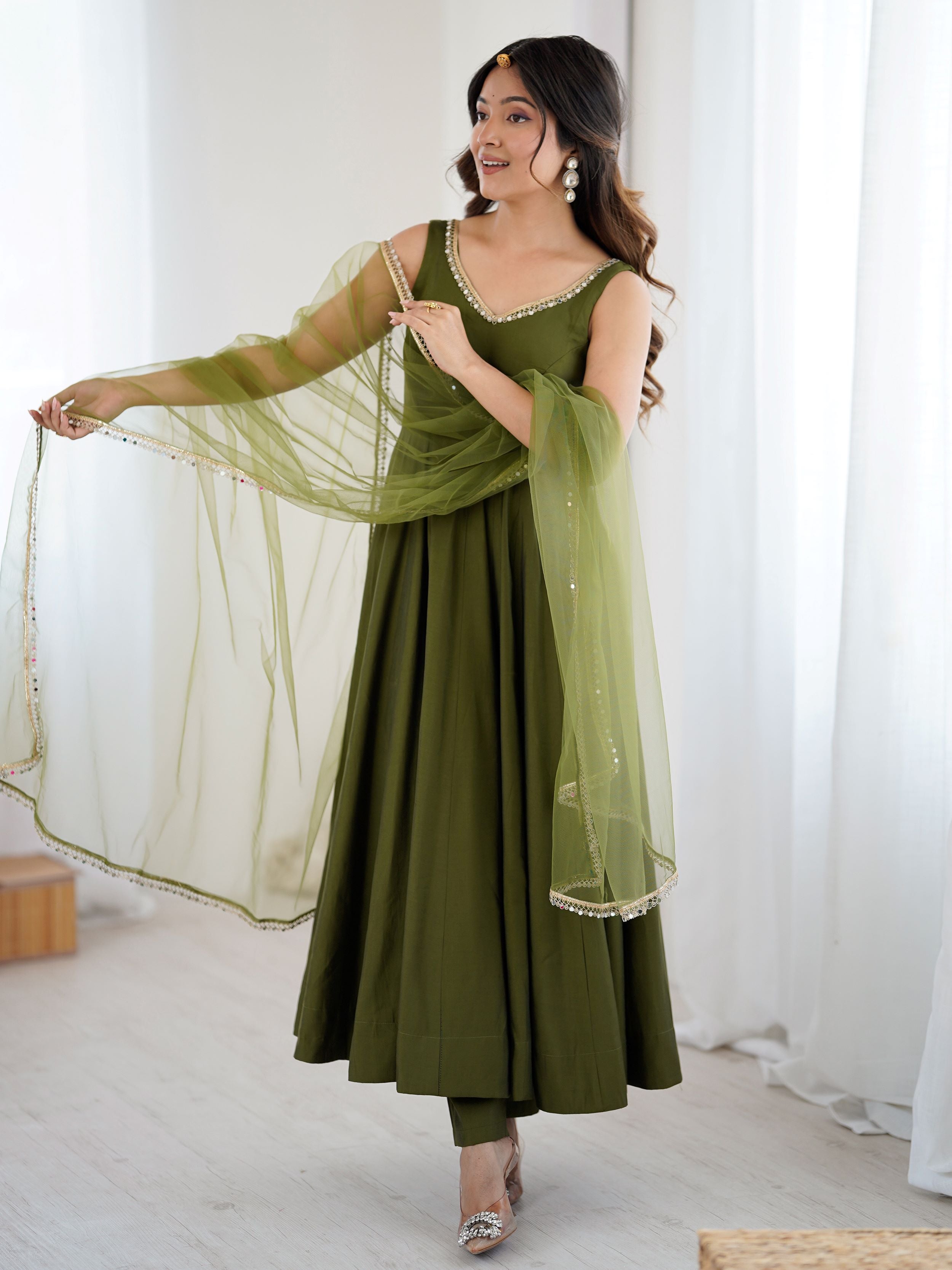 Green Roman silk Chanderi mirror lace Anarkali suit with dupatta