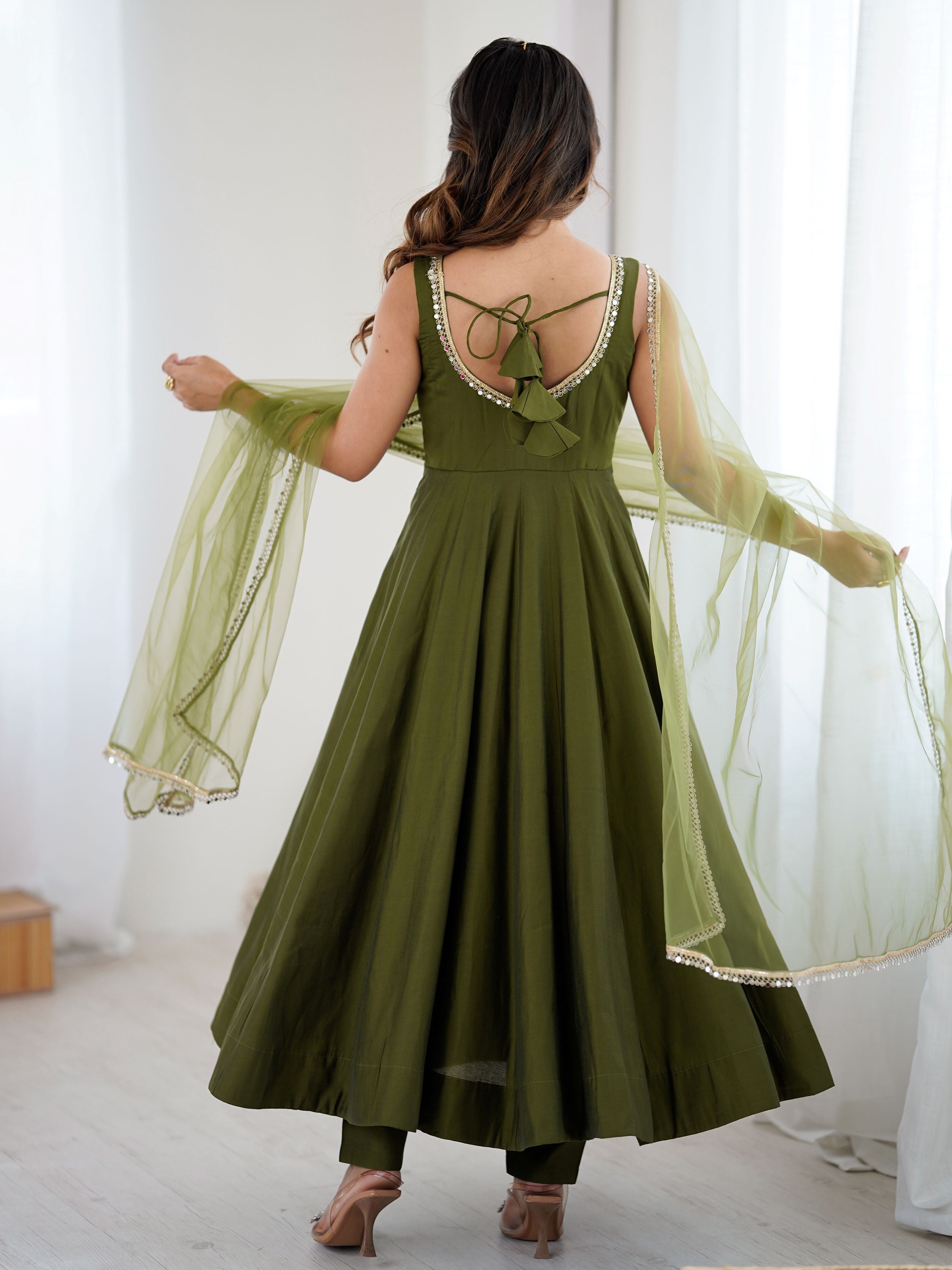 Green Roman silk Chanderi mirror lace Anarkali suit with dupatta