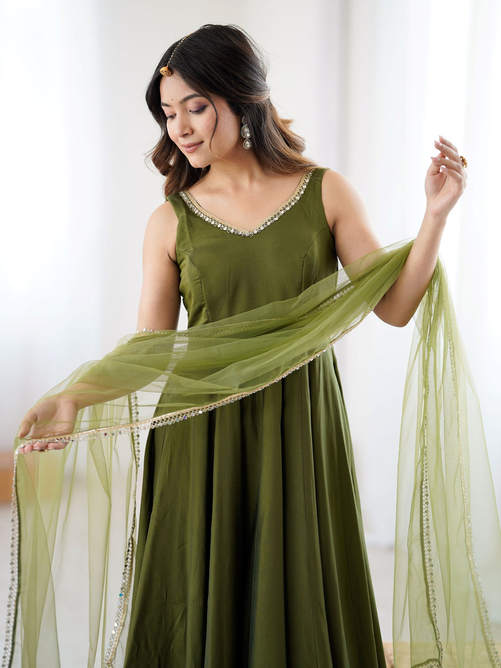 Green Roman silk Chanderi mirror lace Anarkali suit with dupatta