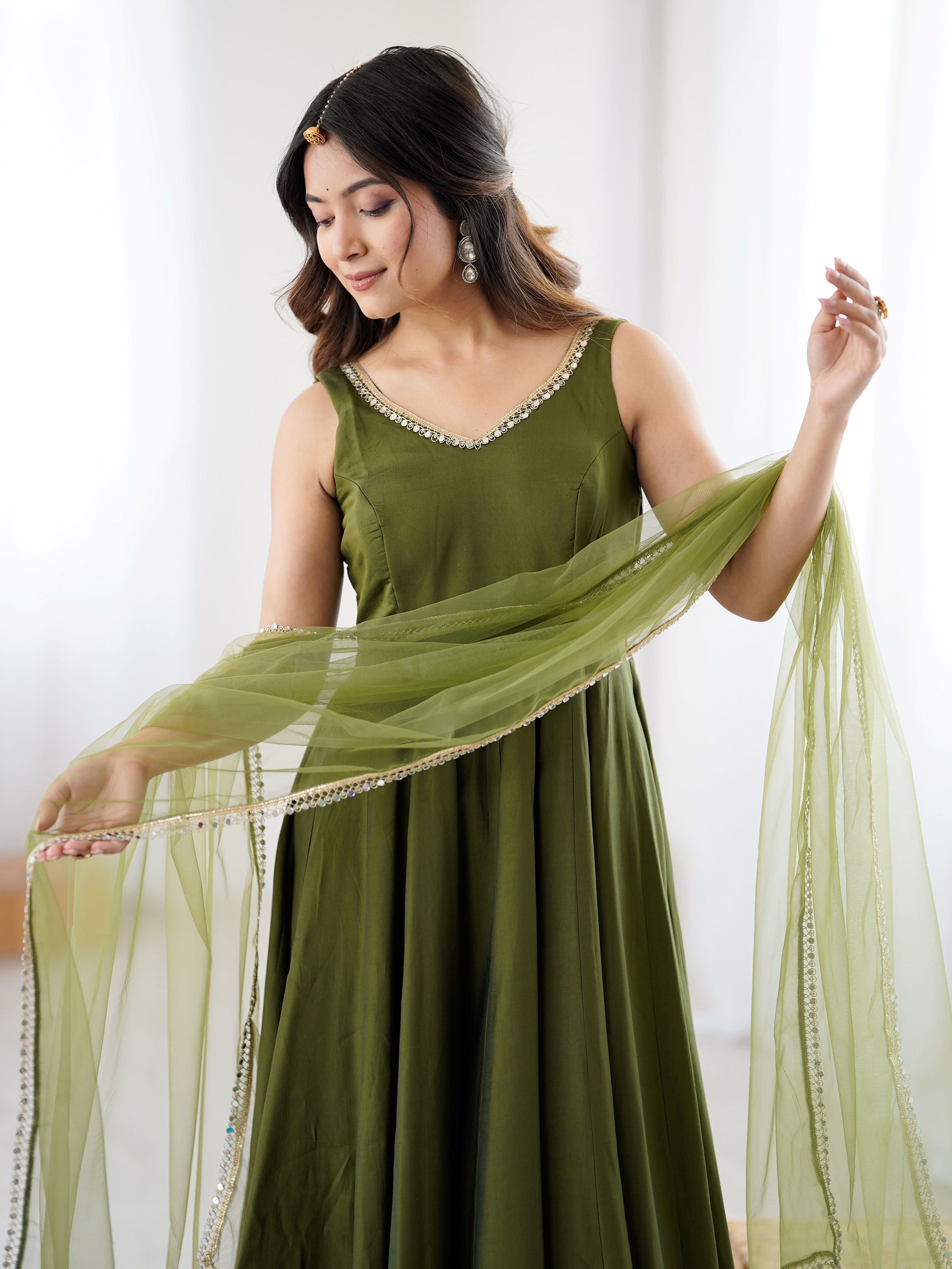 Green Roman silk Chanderi mirror lace Anarkali suit with dupatta