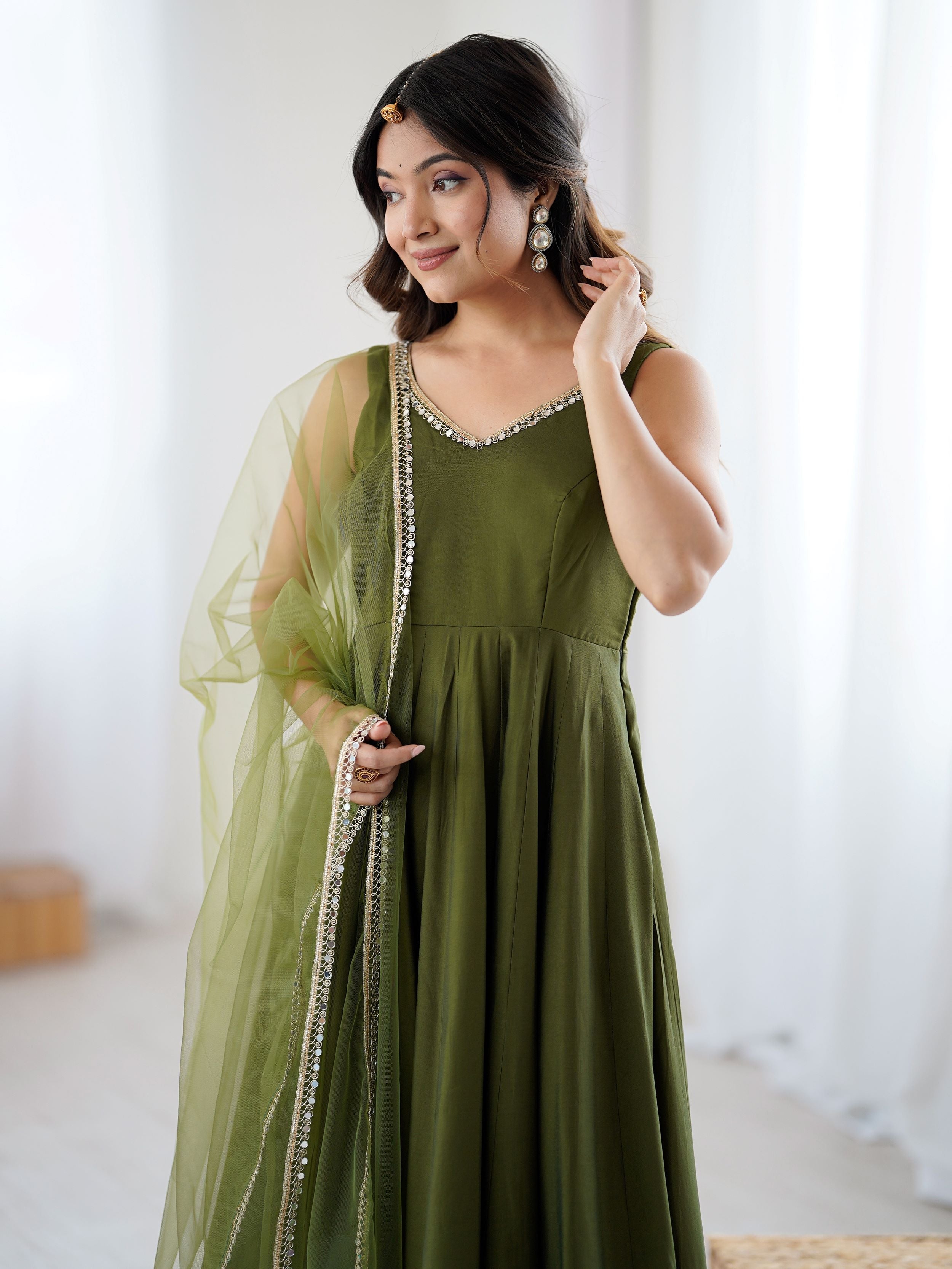 Green Roman silk Chanderi mirror lace Anarkali suit with dupatta