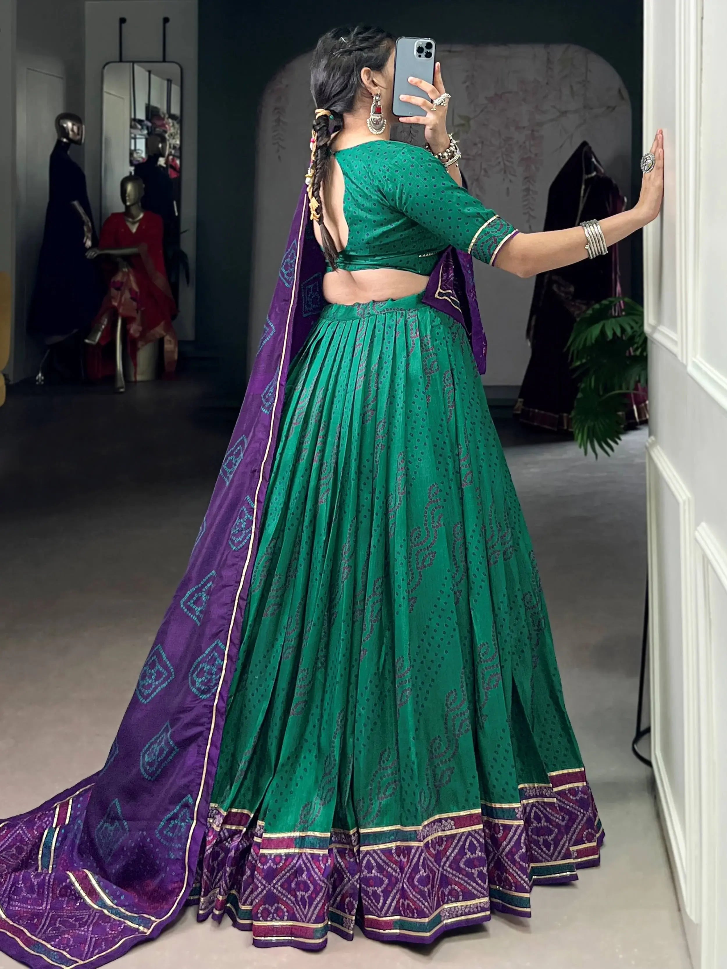 Green silk bandhani print lehenga choli with gotta patti lace work