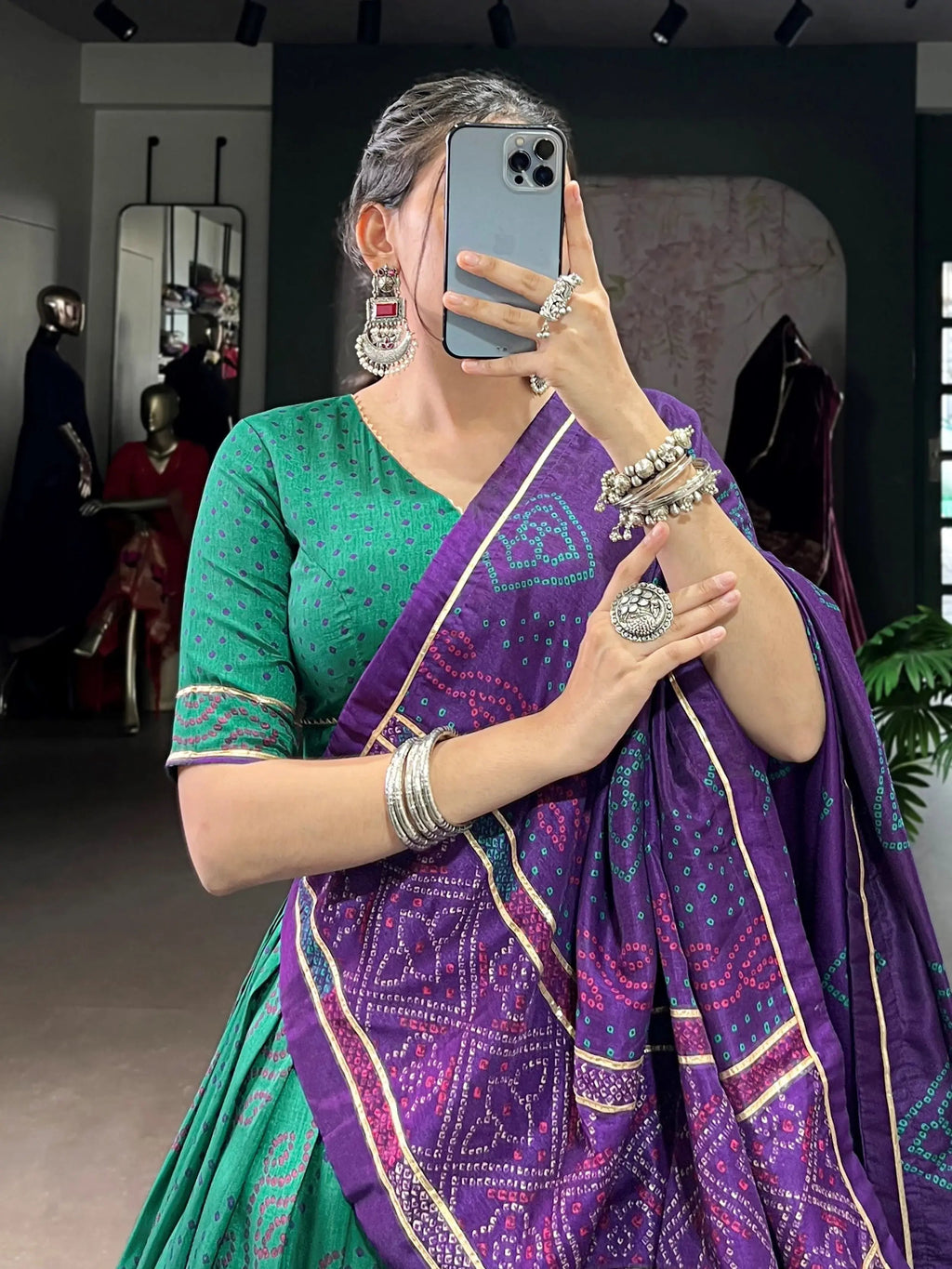 Green silk bandhani print lehenga choli with gotta patti lace work