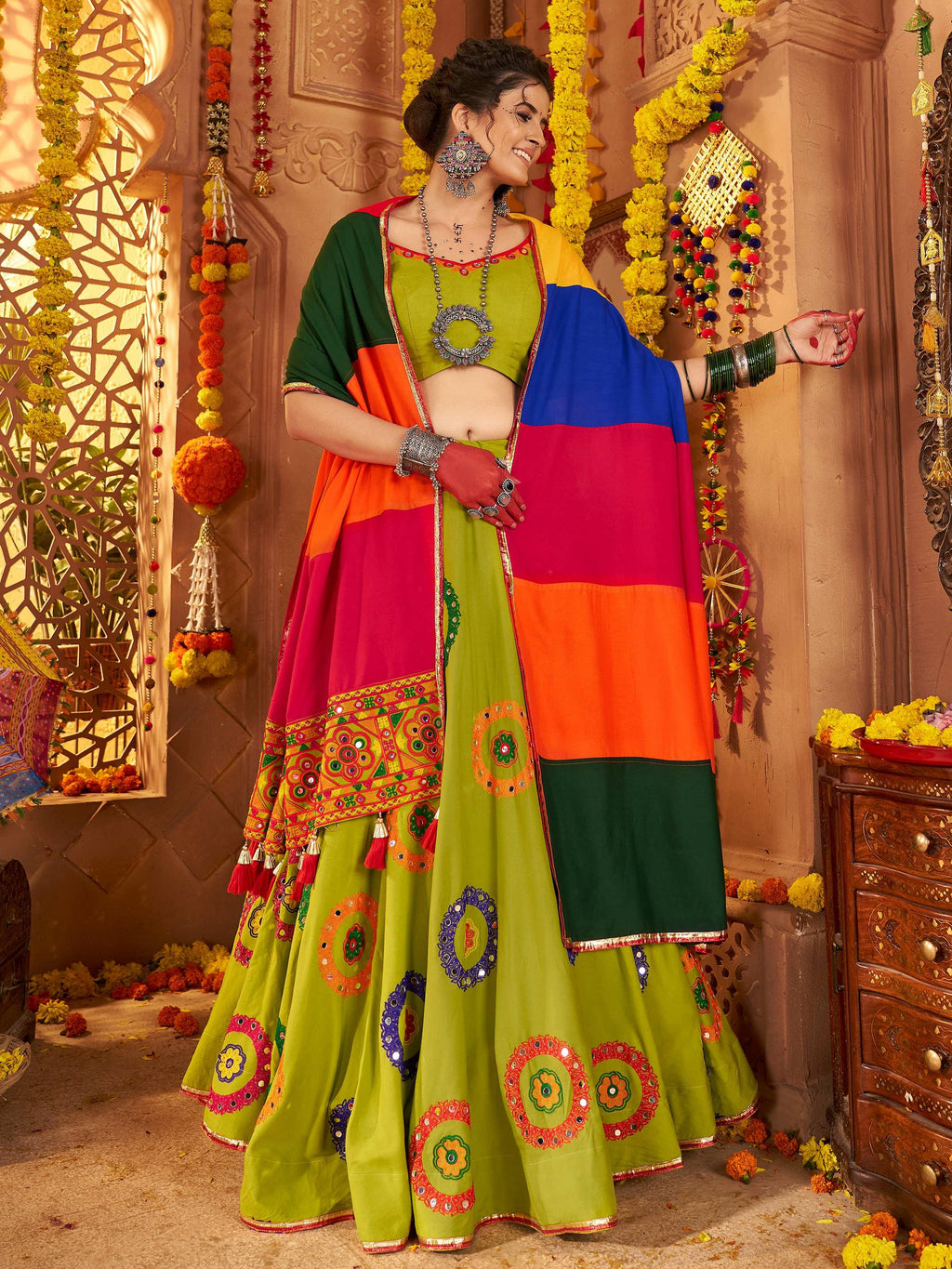Green Viscose Cotton Mirror Thread Embroidery Work Navratri Lehenga Choli