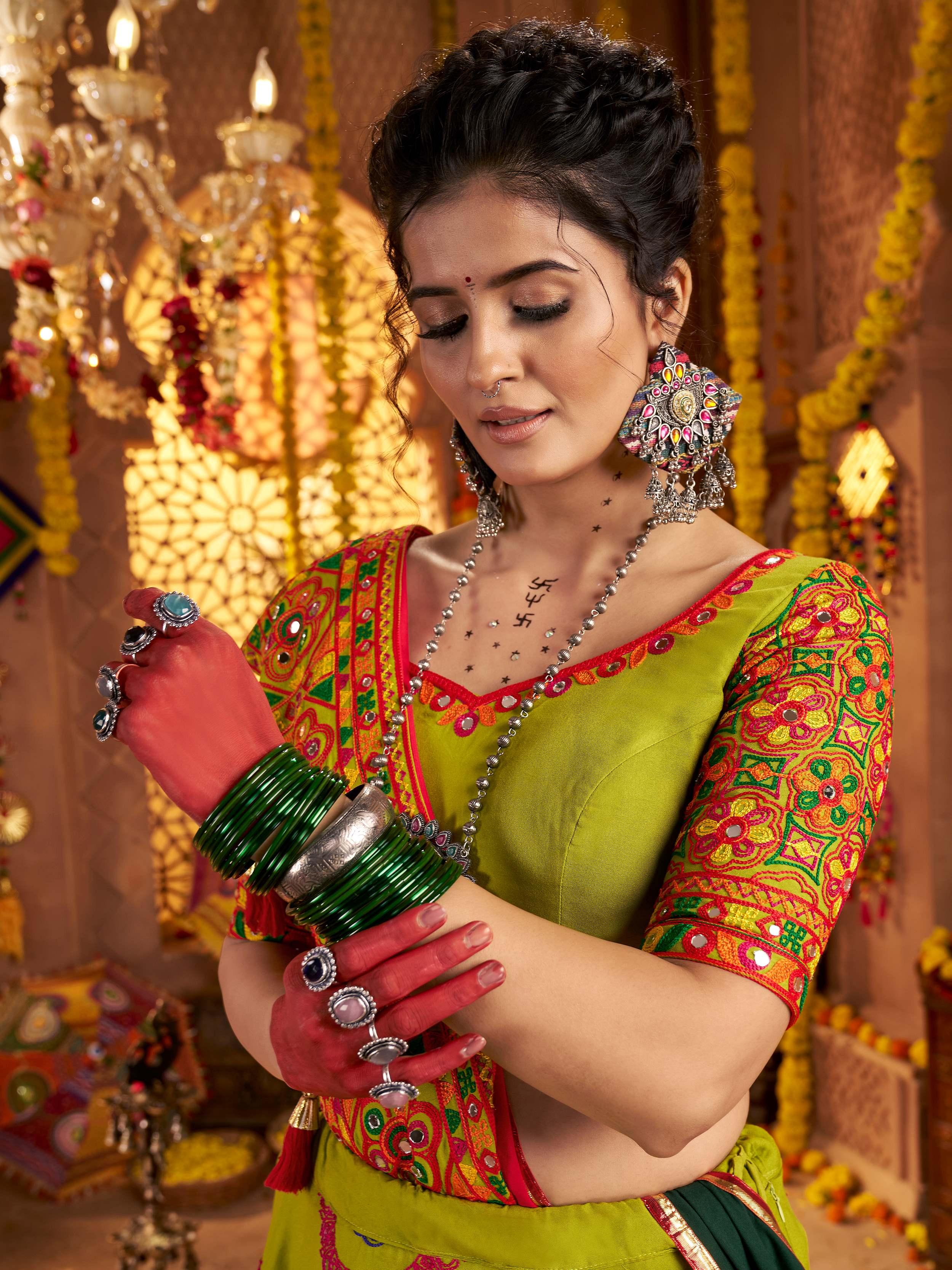 Green Viscose Cotton Mirror Thread Embroidery Work Navratri Lehenga Choli