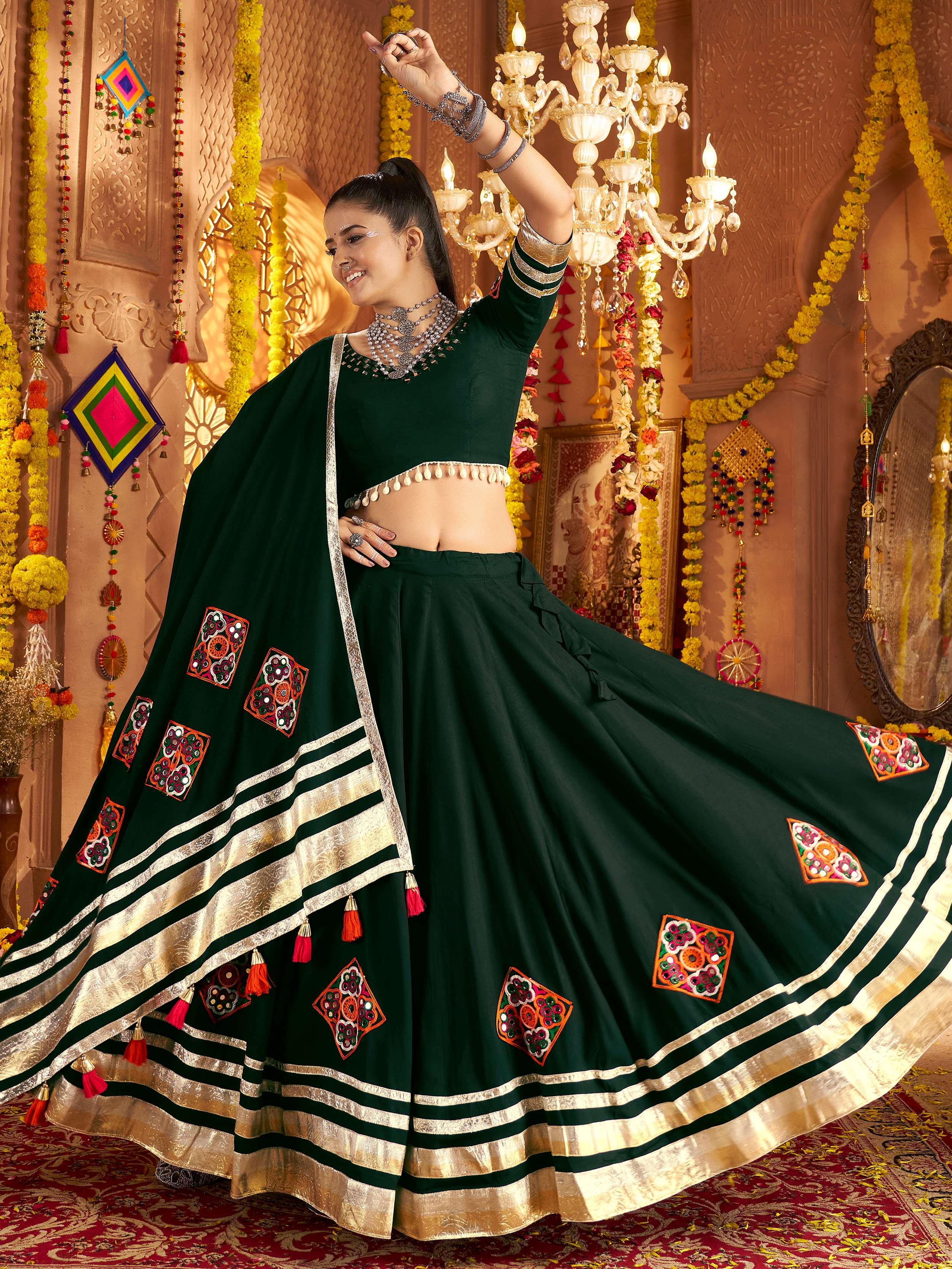 Green viscose rayon mirror and thread embroidered Navratri lehenga choli