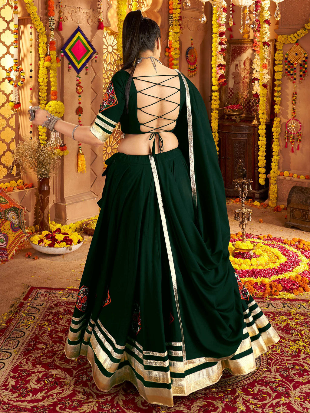 Green viscose rayon mirror and thread embroidered Navratri lehenga choli