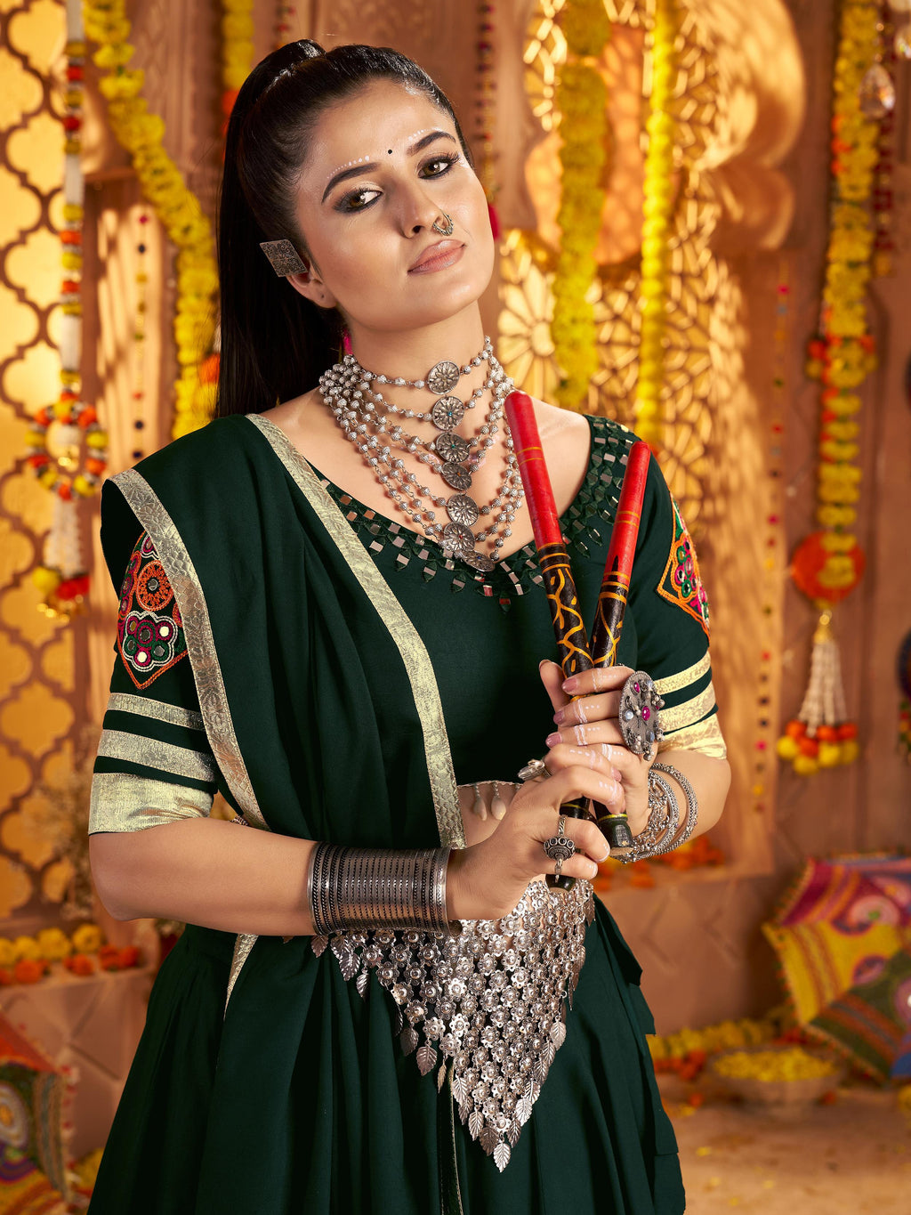 Green viscose rayon mirror and thread embroidered Navratri lehenga choli