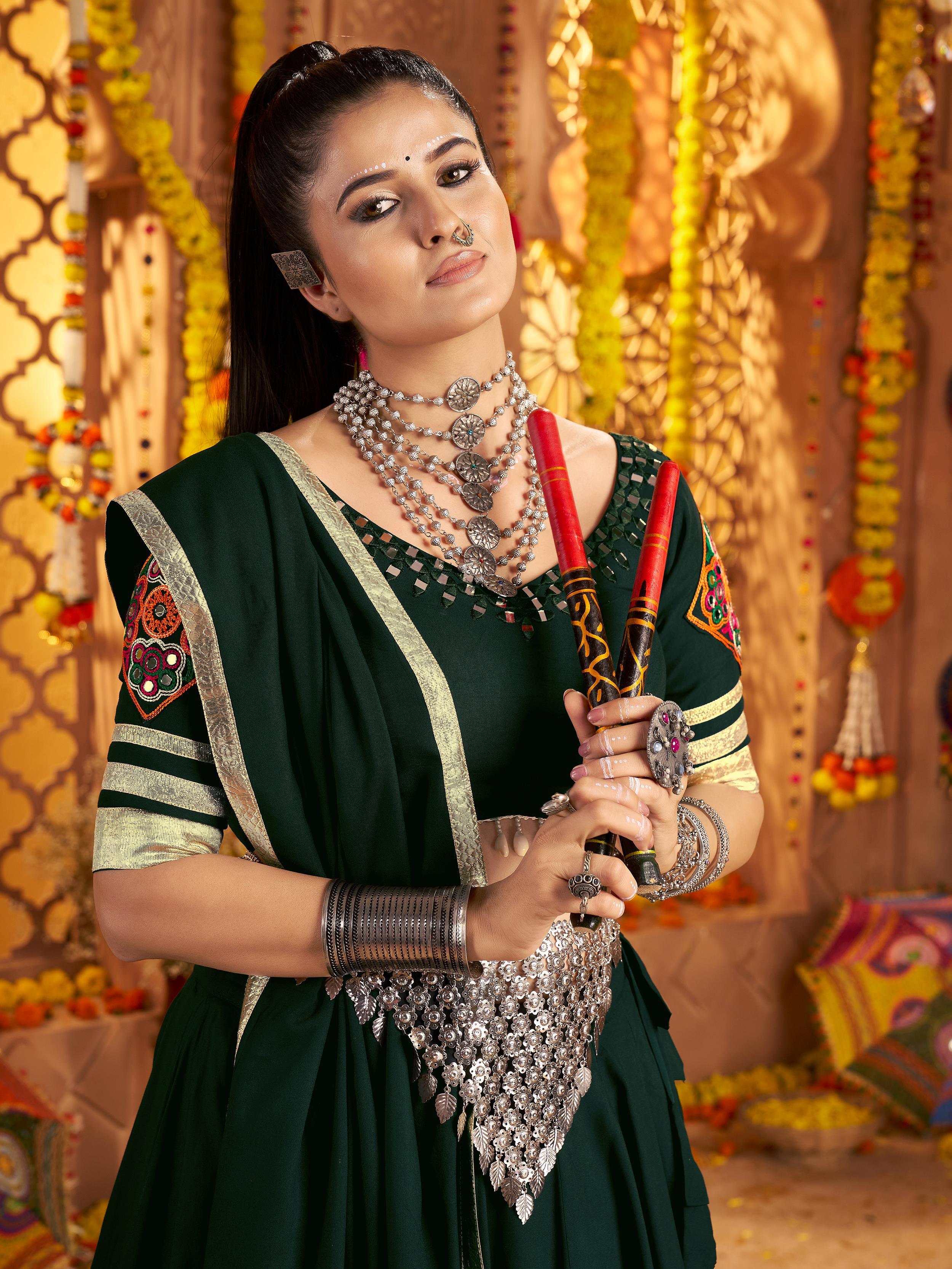 Green viscose rayon mirror and thread embroidered Navratri lehenga choli
