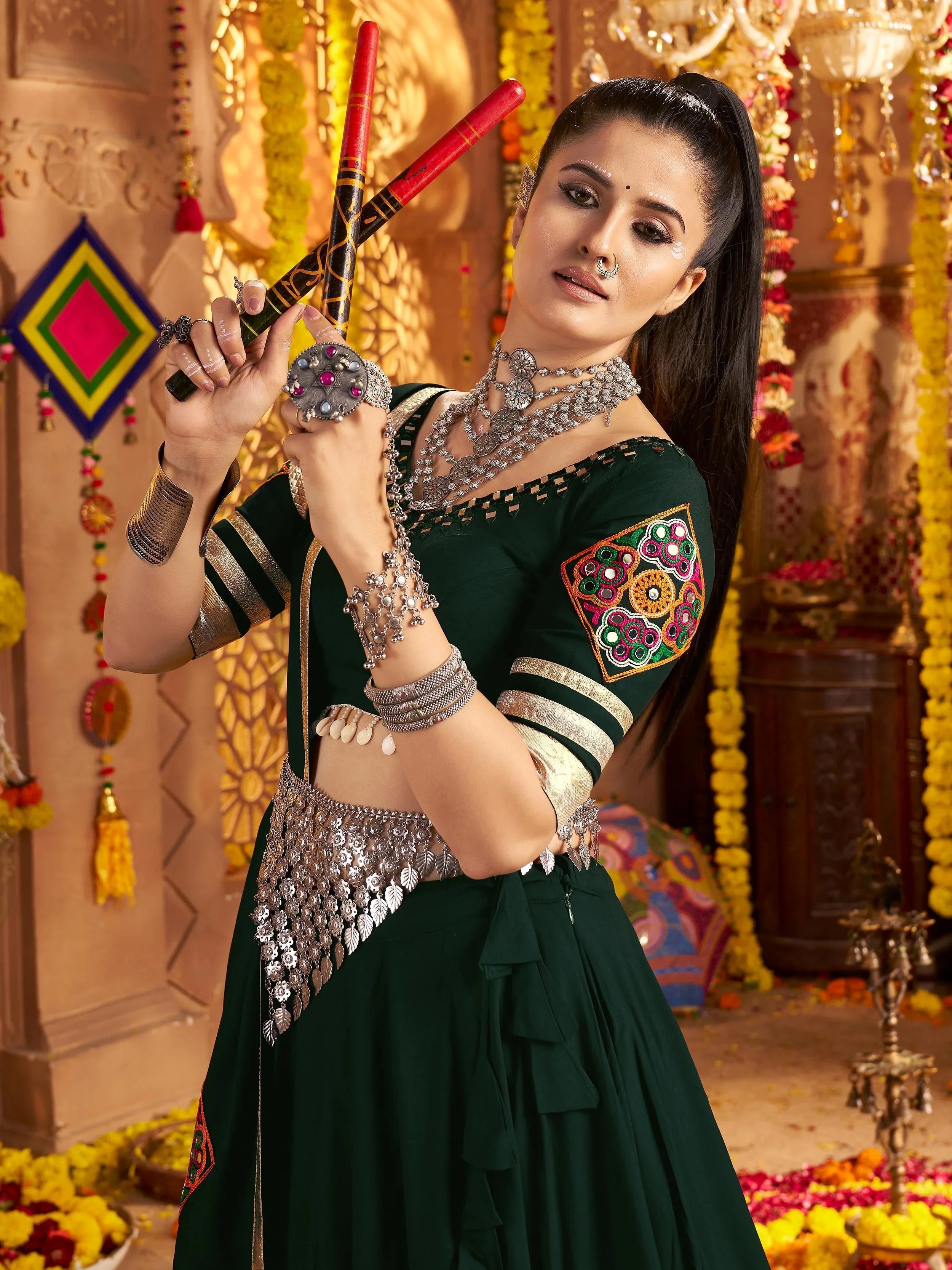 Green viscose rayon mirror and thread embroidered Navratri lehenga choli