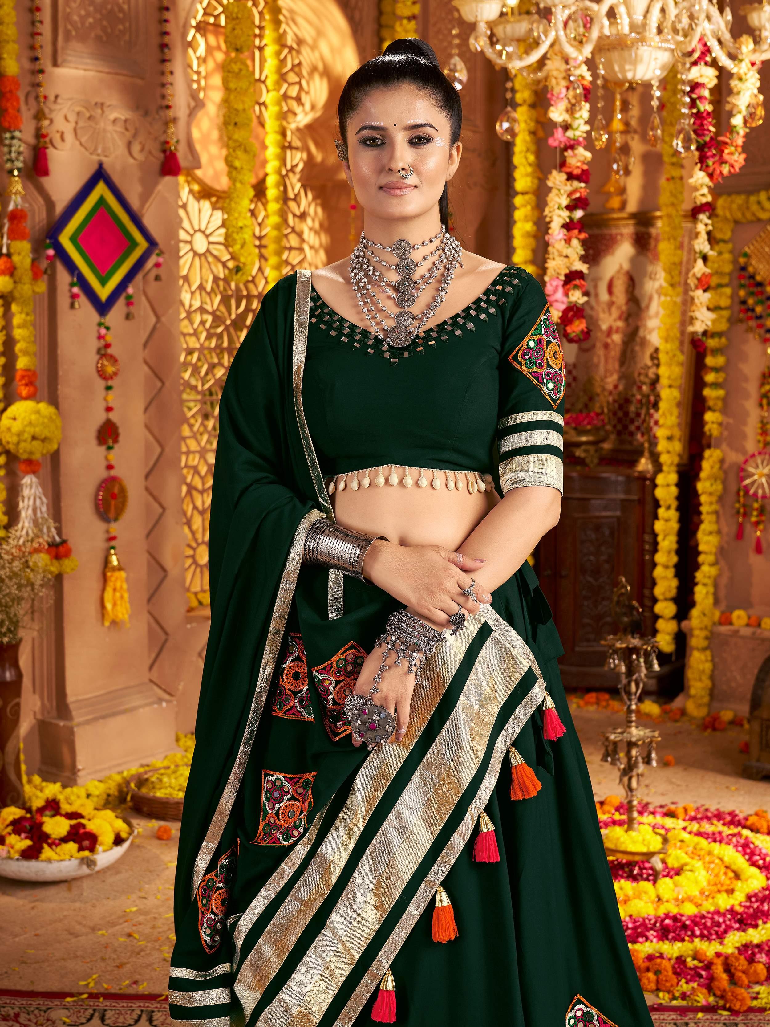 Green viscose rayon mirror and thread embroidered Navratri lehenga choli