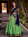 Green kanchipuram silk lehenga choli with zari weaving and sequins embroidery