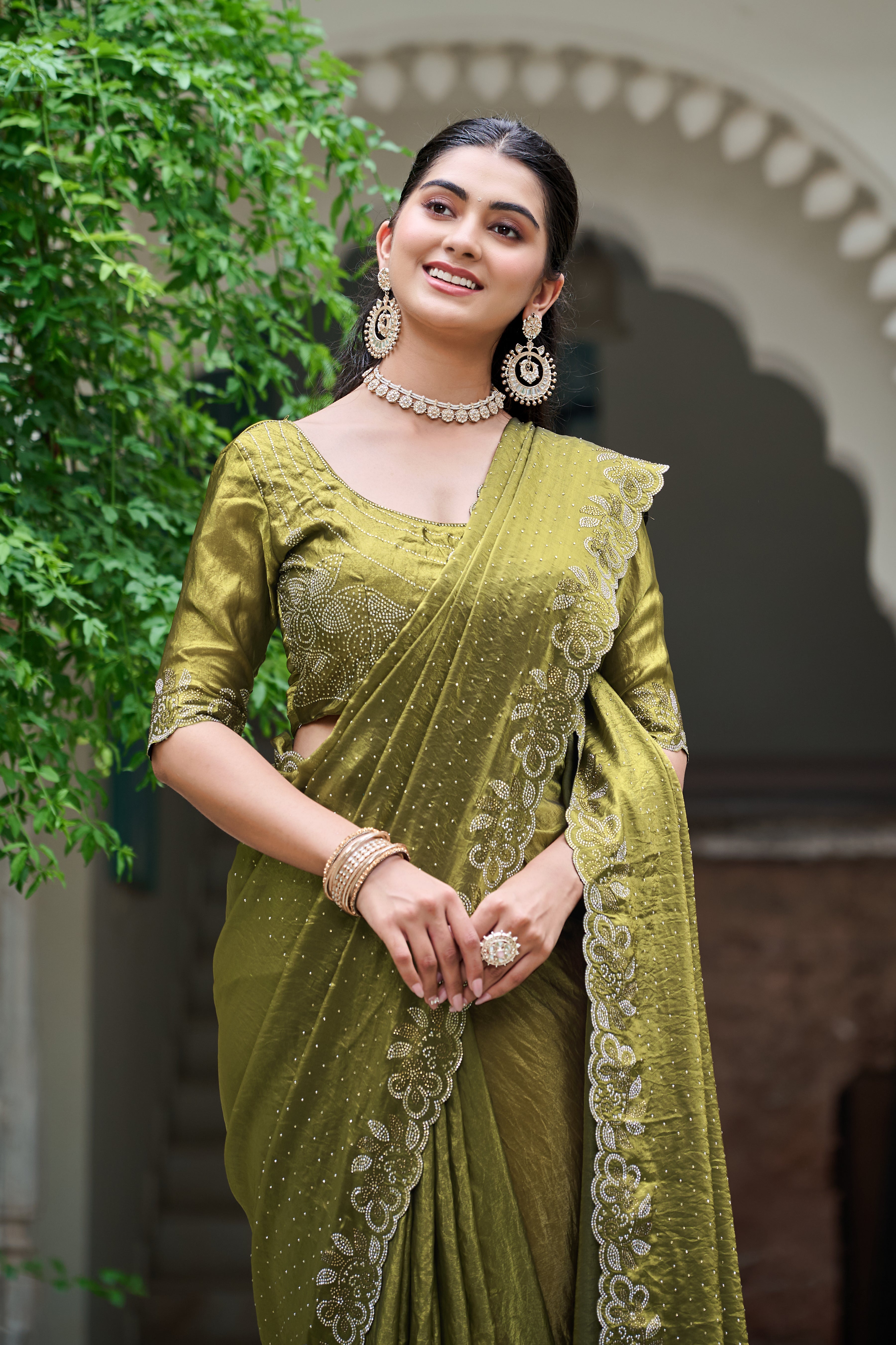 Haimavati mehendi green pure fendy silk diamond work saree