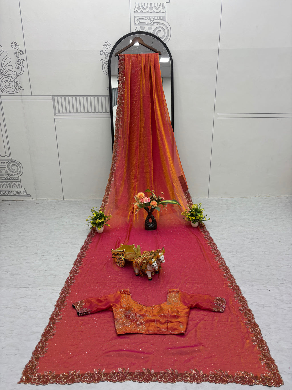 Haimavati rust orange pure fendy silk diamond work saree