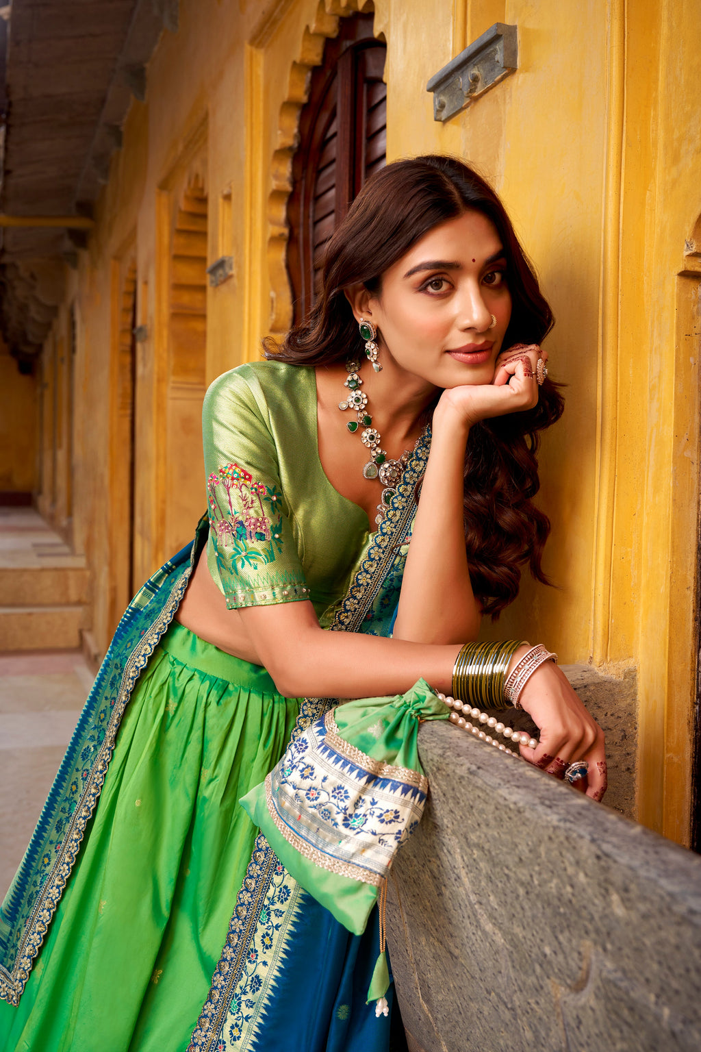 Hamsini parrot green soft silk Paithani lehenga choli with zari embroidered work