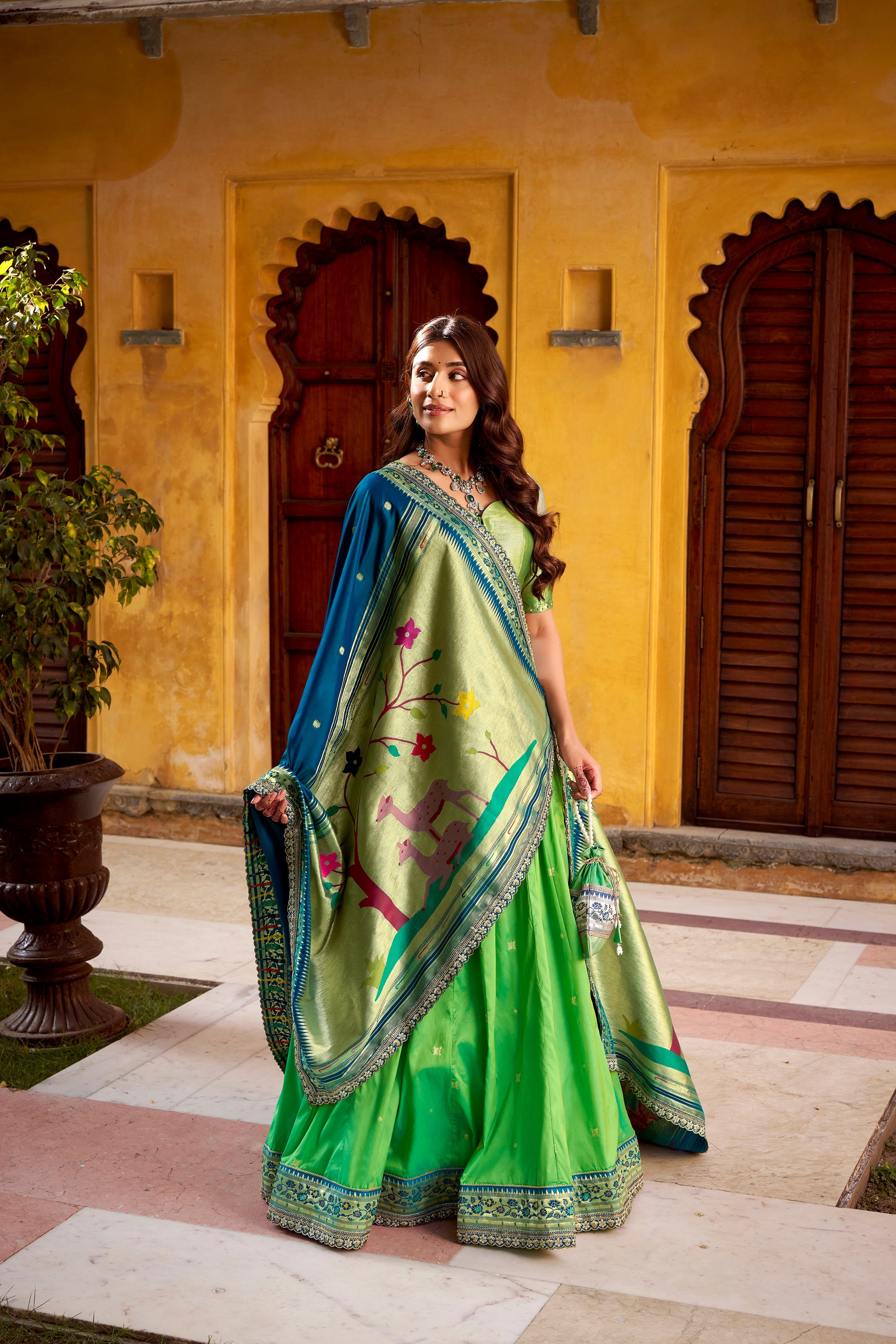 Hamsini parrot green soft silk Paithani lehenga choli with zari embroidered work