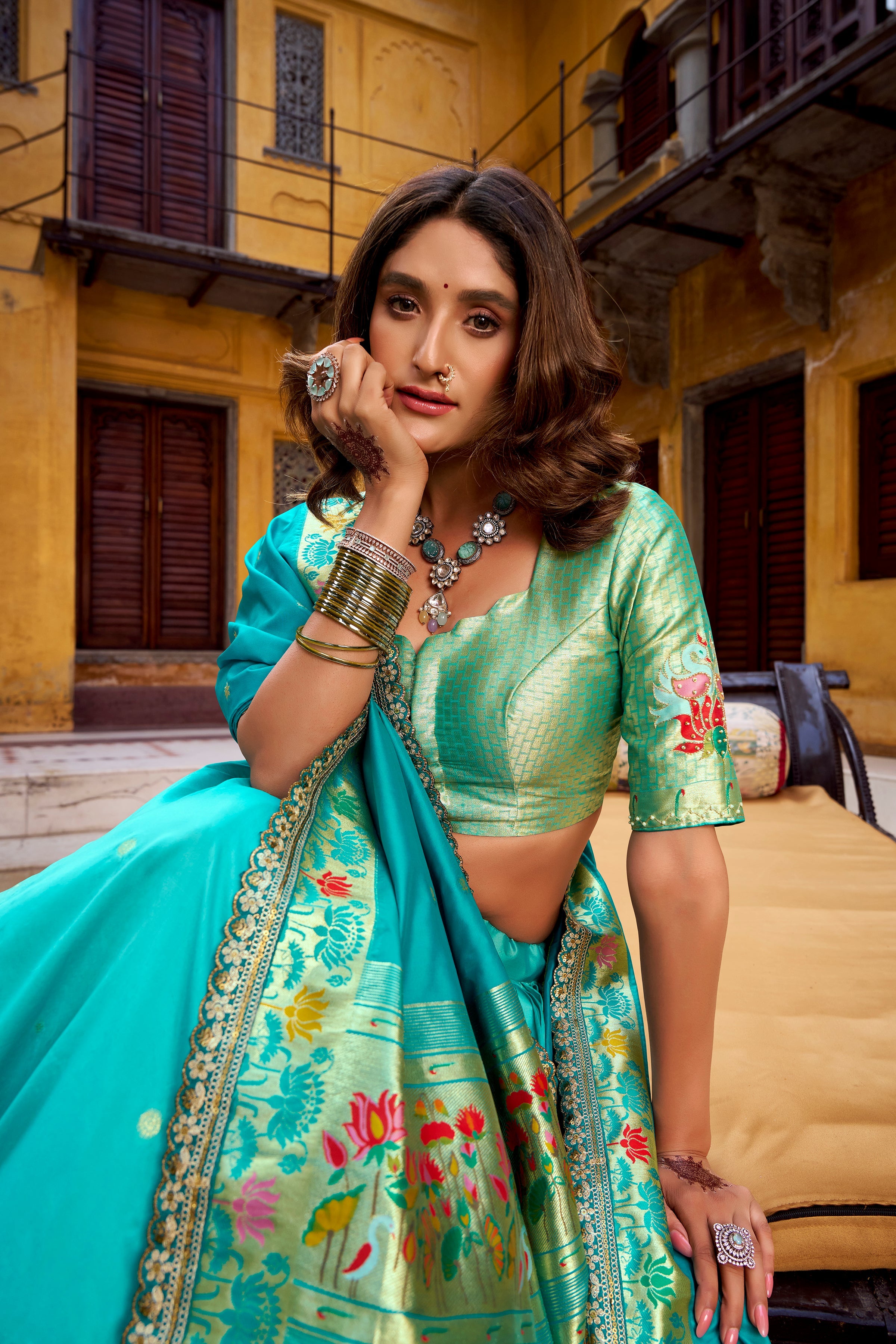 Hamsini sky blue soft silk Paithani lehenga choli with zari embroidered work