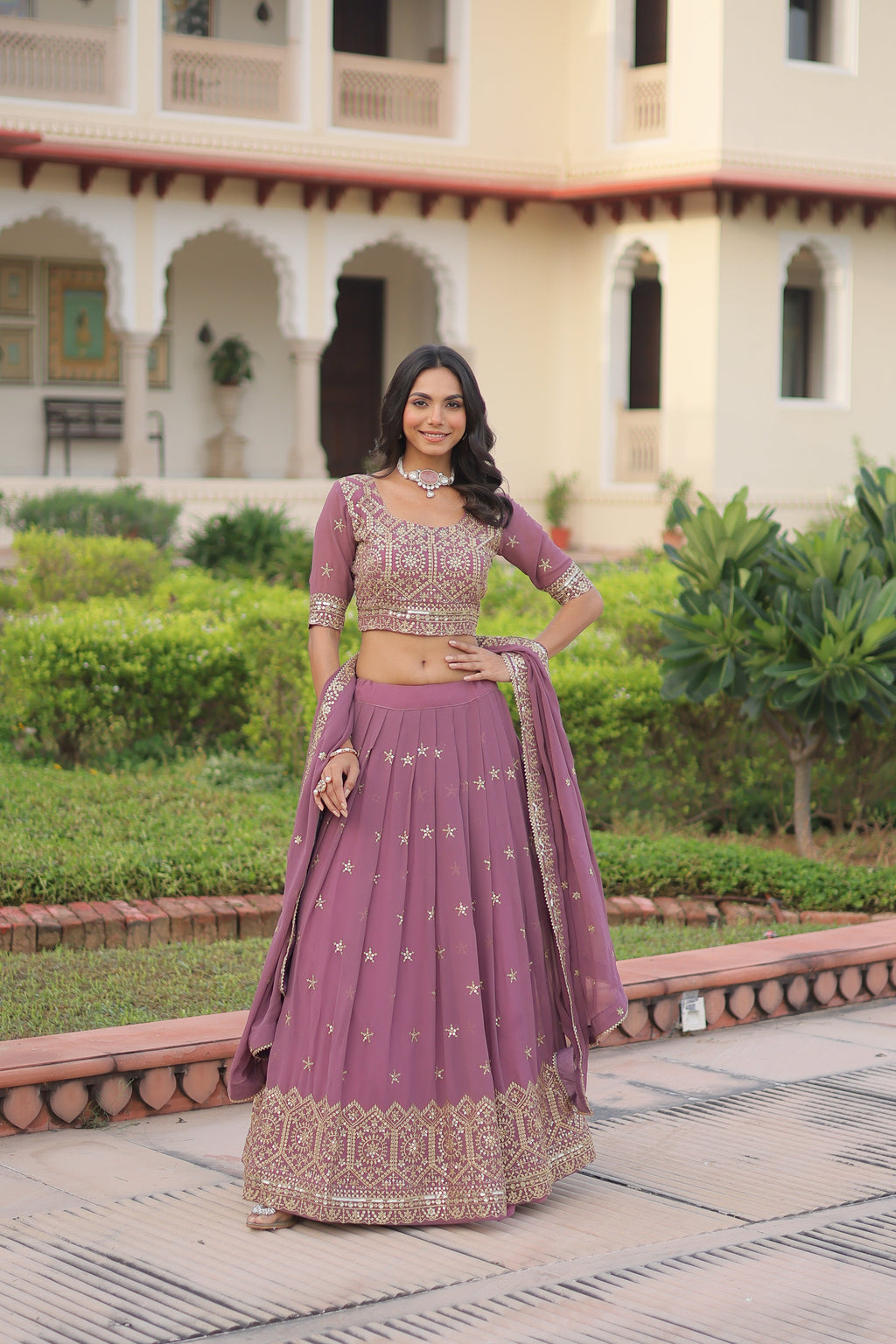 Invi onion pink faux georgette lehenga choli with sequins zari embroidery