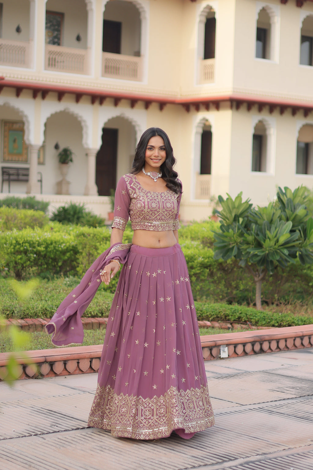 Invi onion pink faux georgette lehenga choli with sequins zari embroidery