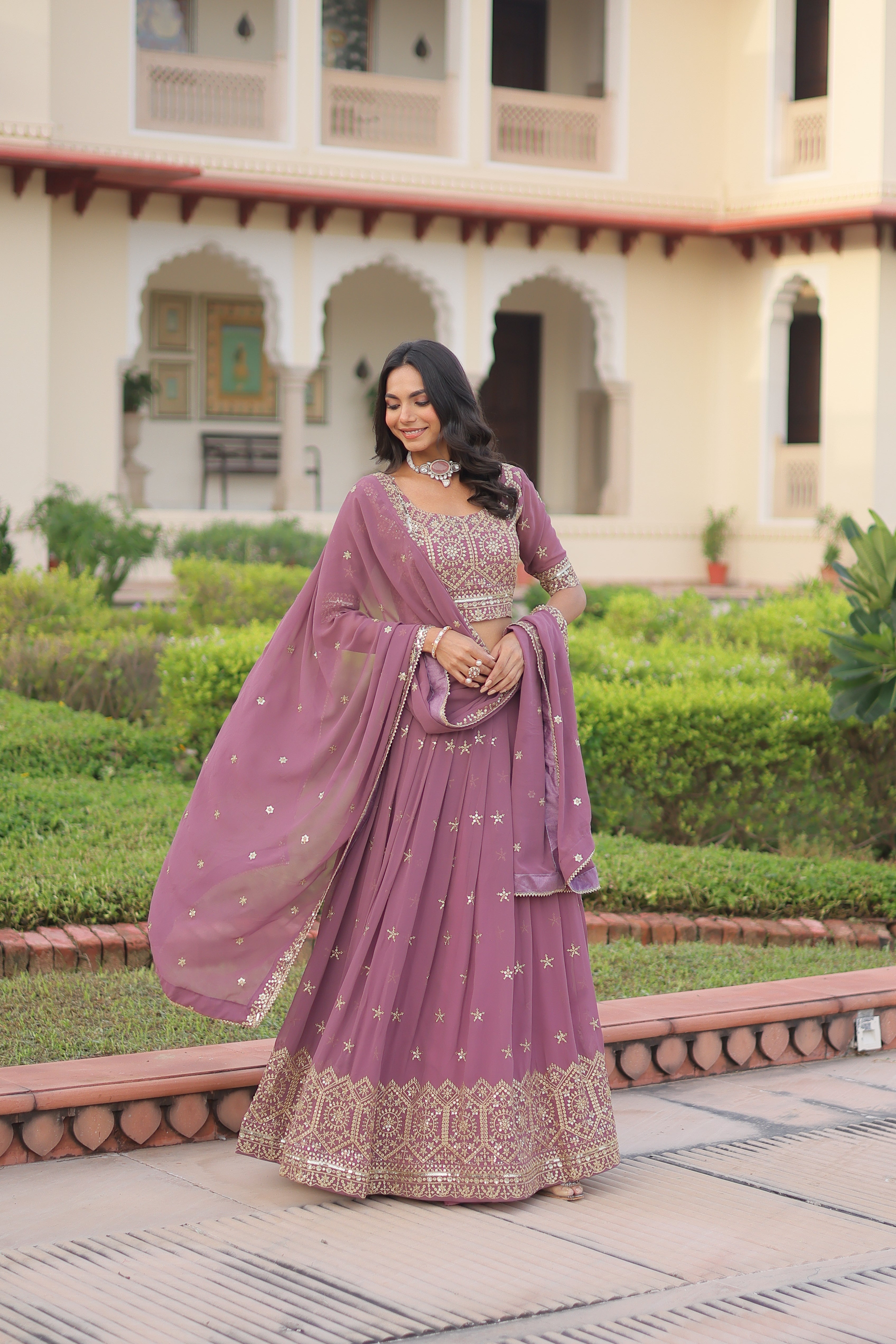 Invi onion pink faux georgette lehenga choli with sequins zari embroidery